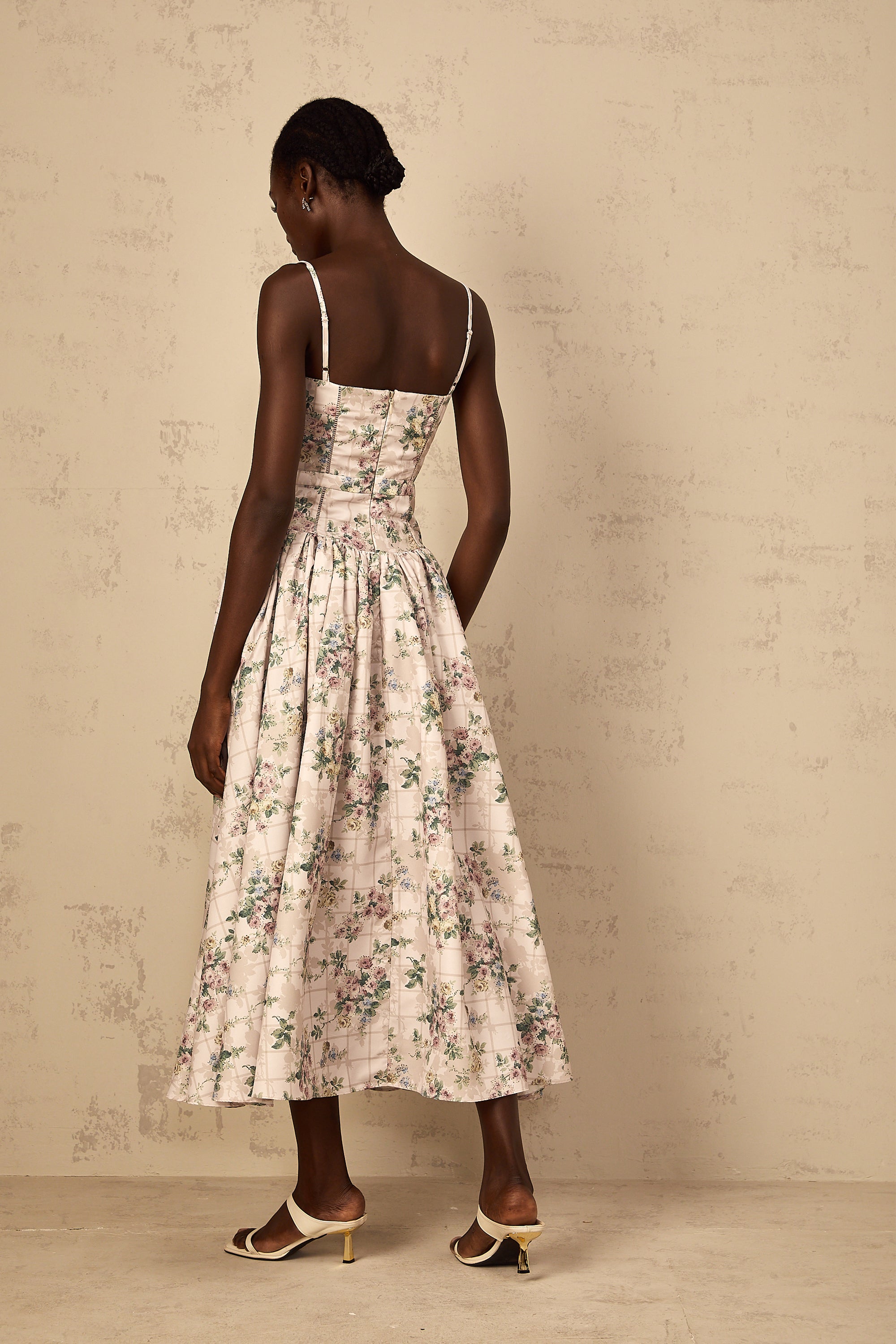 Fleur Neutral Floral Print Midi Dress