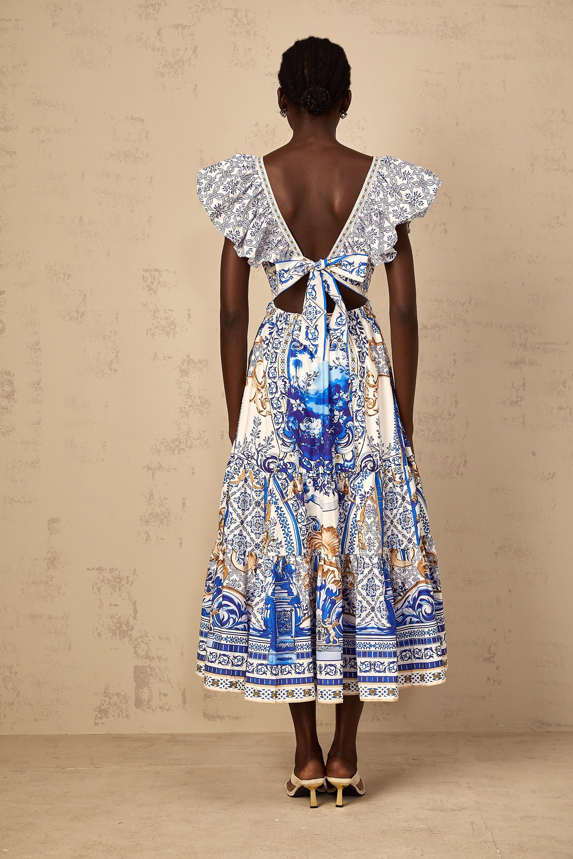 Calliopée Blue Baroque Print Tiered Midi Dress