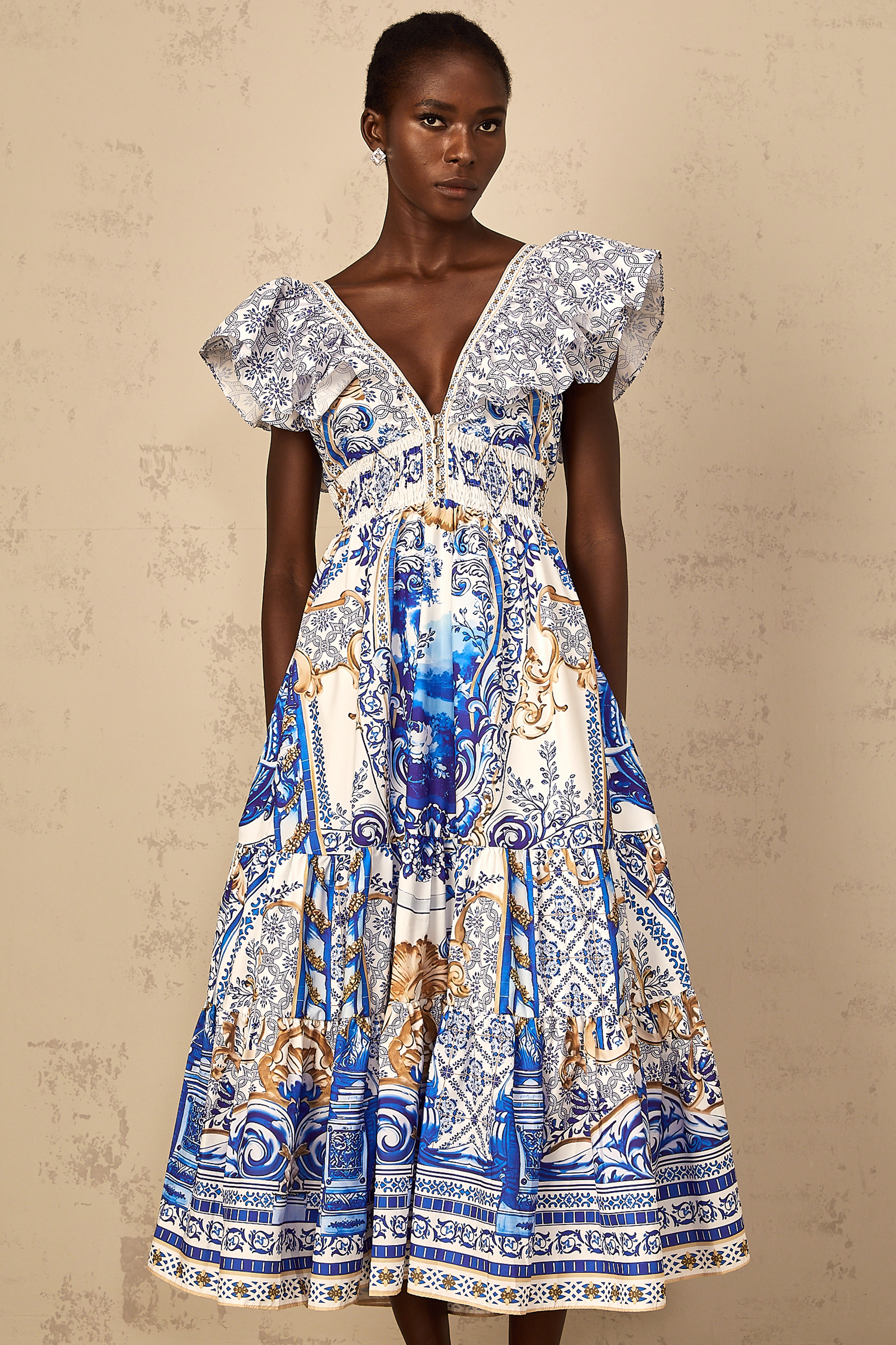 Calliopée Blue Baroque Print Tiered Midi Dress
