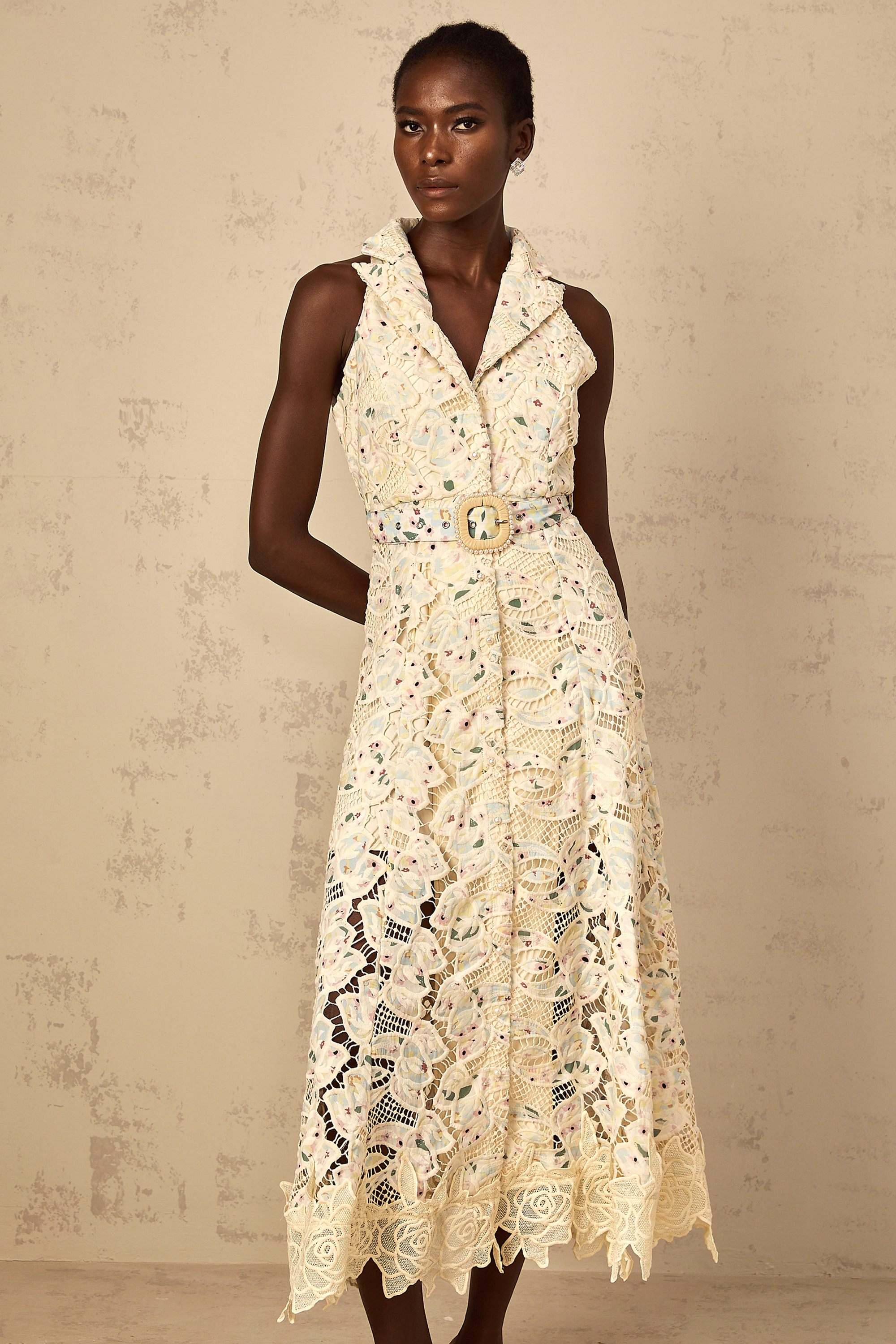 Avril Floral Embroidered Cut-Out Midi Dress