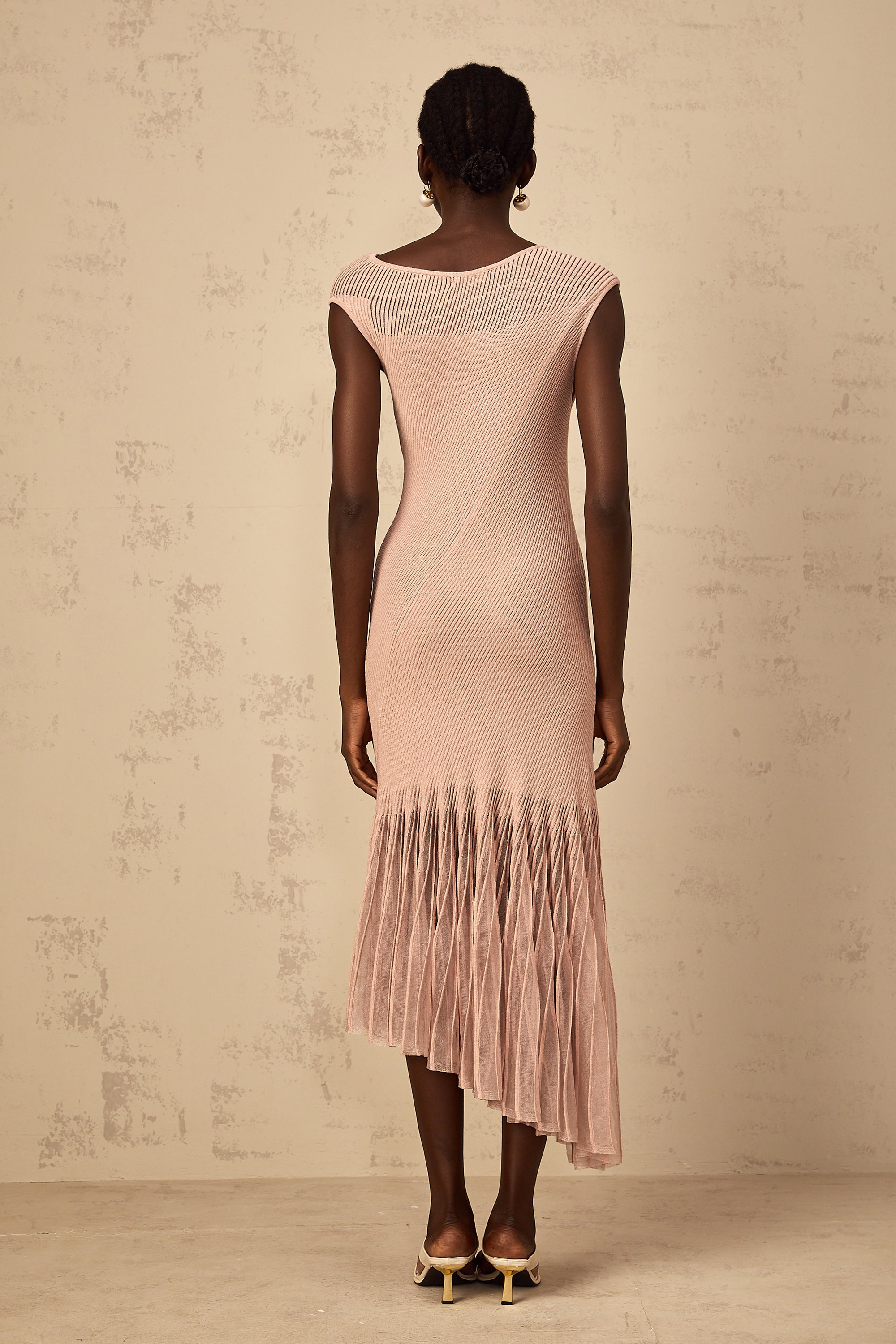 Laure Dusty Pink Tulle Panel Ribbed Knit Midi Dress