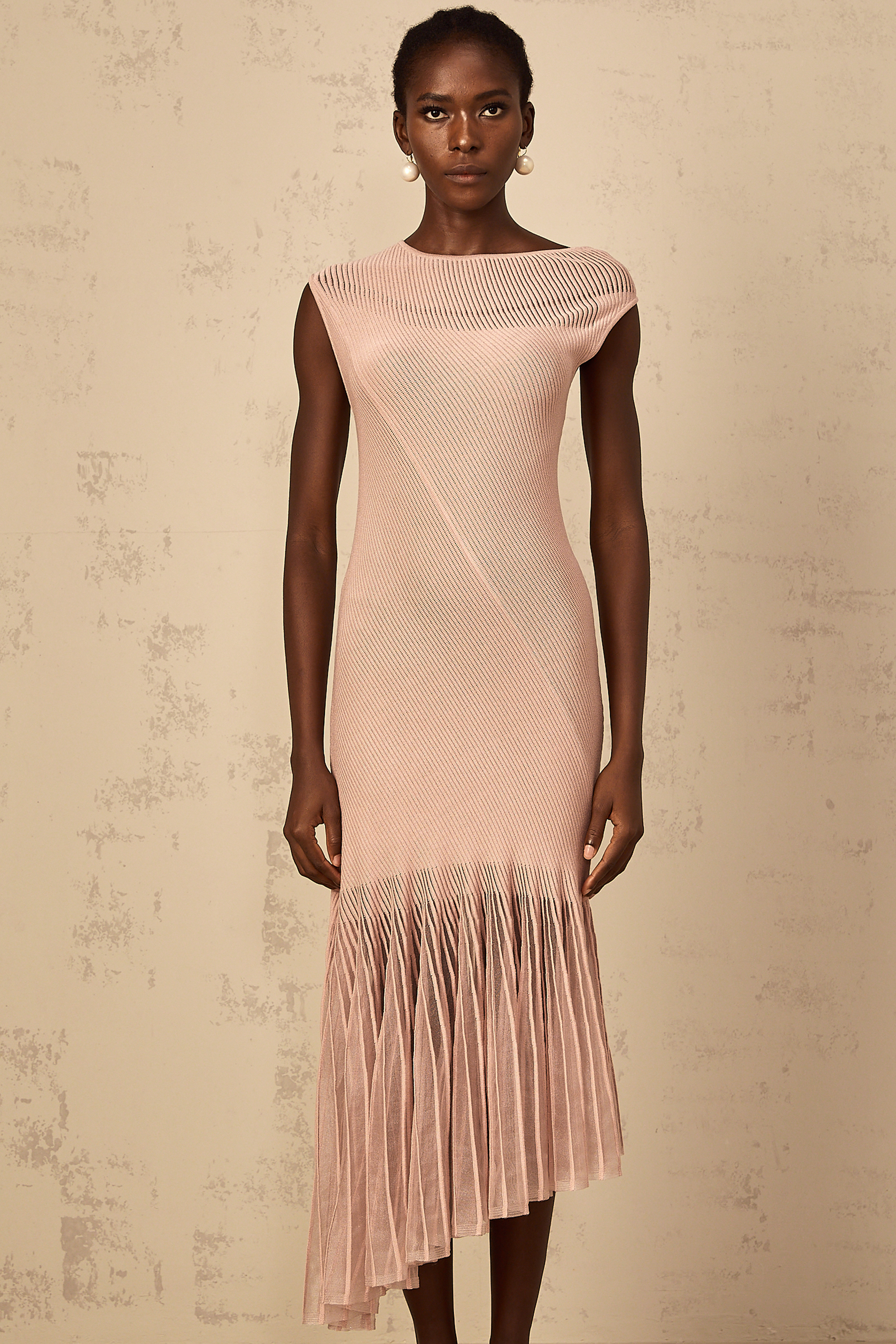 Laure Dusty Pink Tulle Panel Ribbed Knit Midi Dress