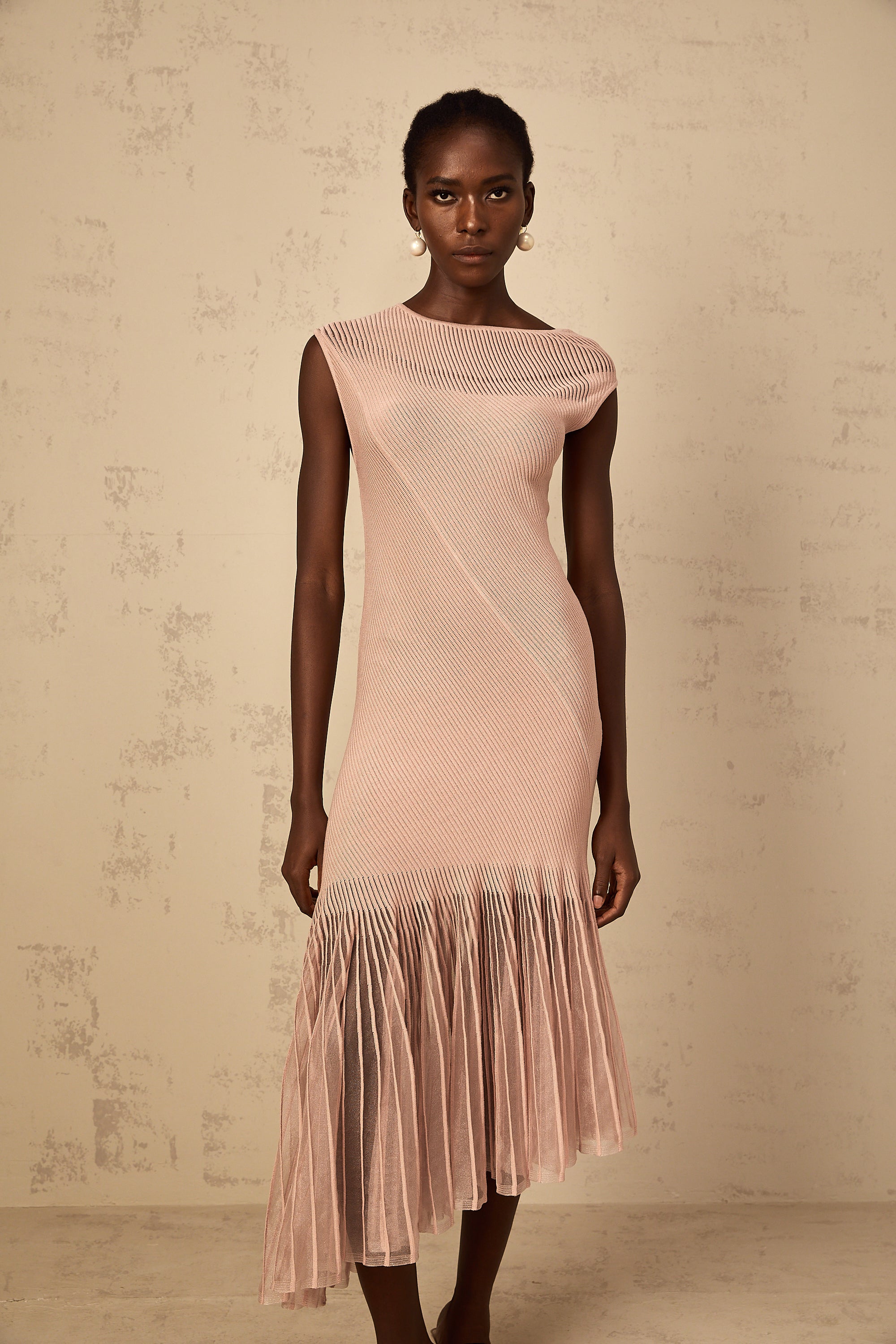 Laure Dusty Pink Tulle Panel Ribbed Knit Midi Dress