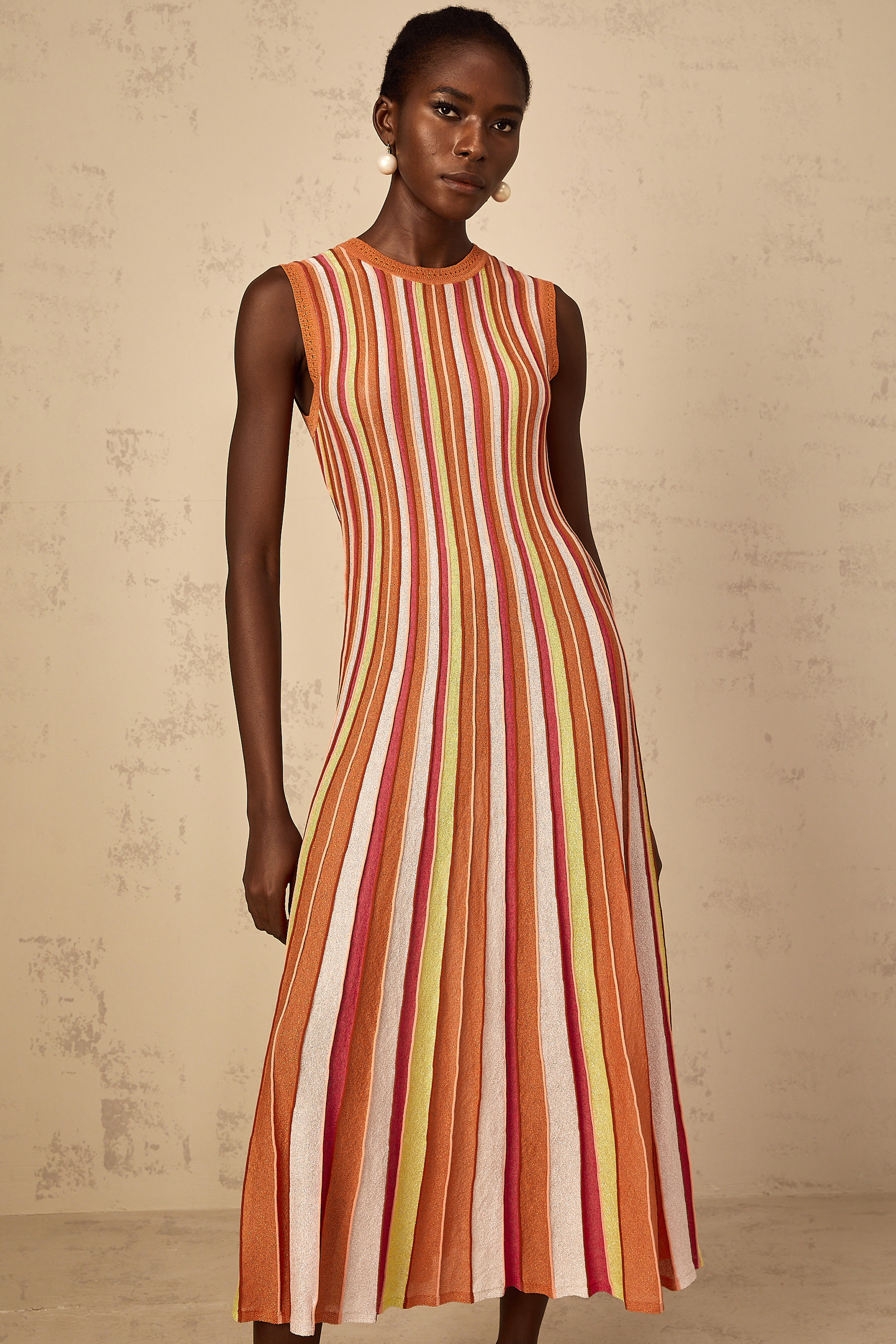 Abriana Orange Vertical Striped Knit Midi Dress