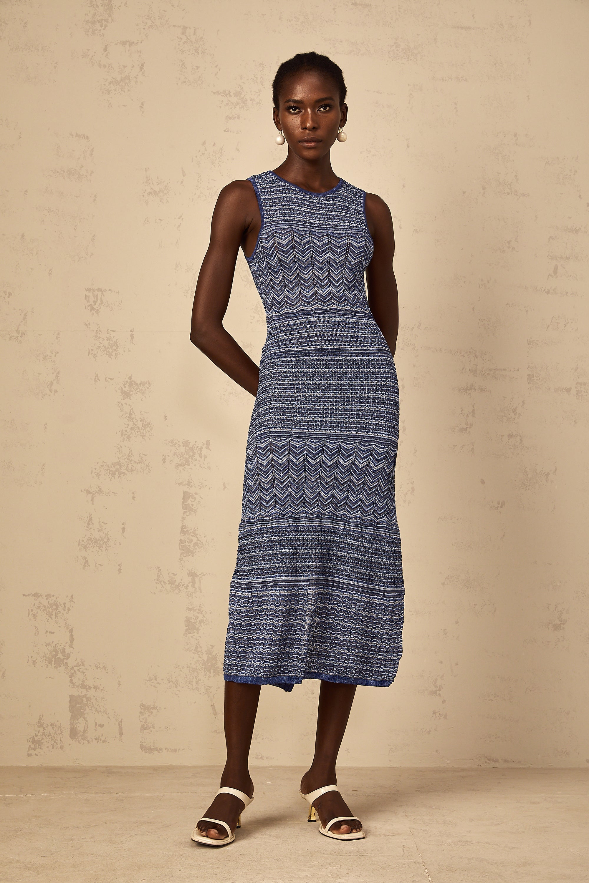 Ingrid Blue Wavy Crochet Knit Midi Dress (Final Sale-US Only)