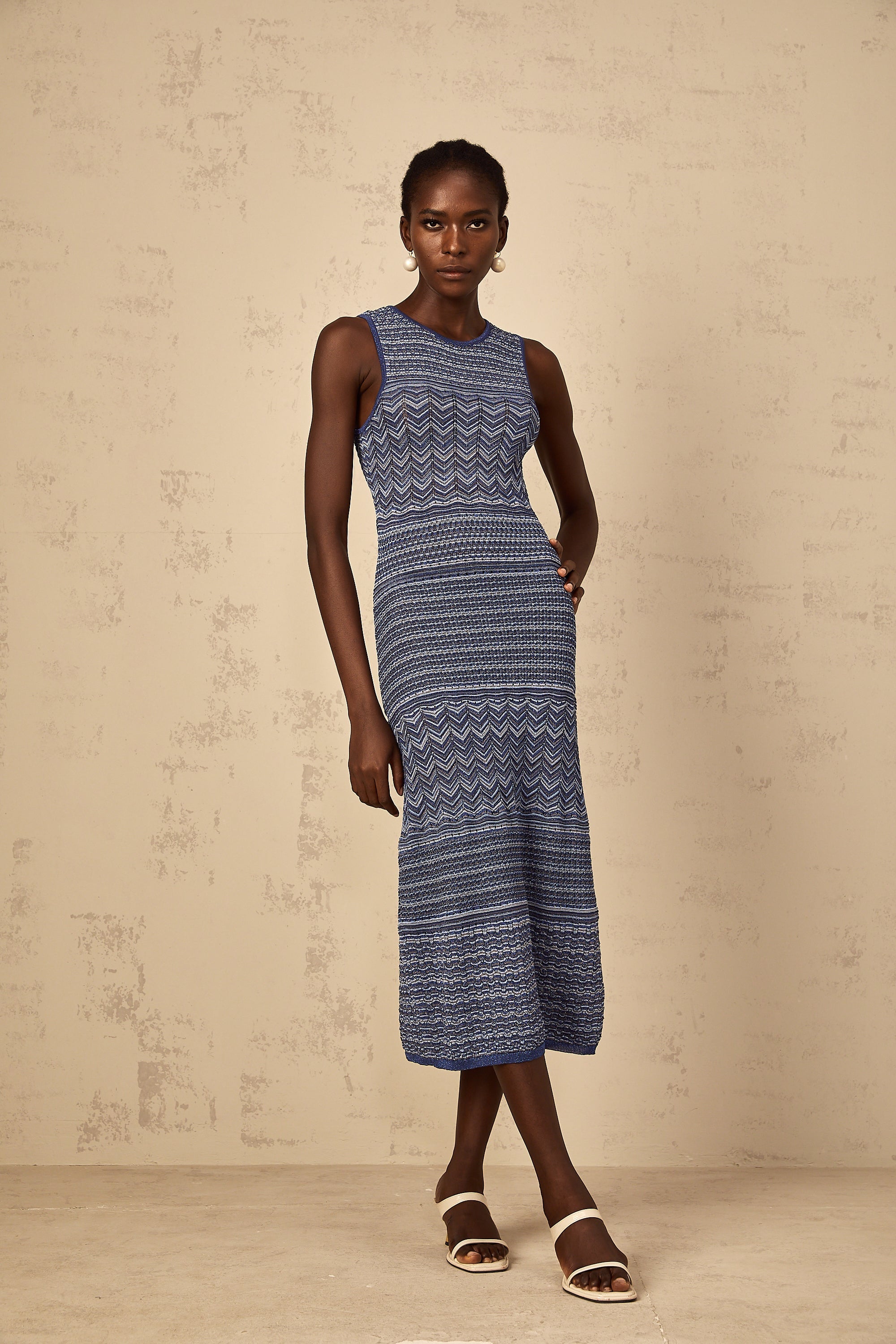 Ingrid Blue Wavy Crochet Knit Midi Dress (Final Sale-US Only)