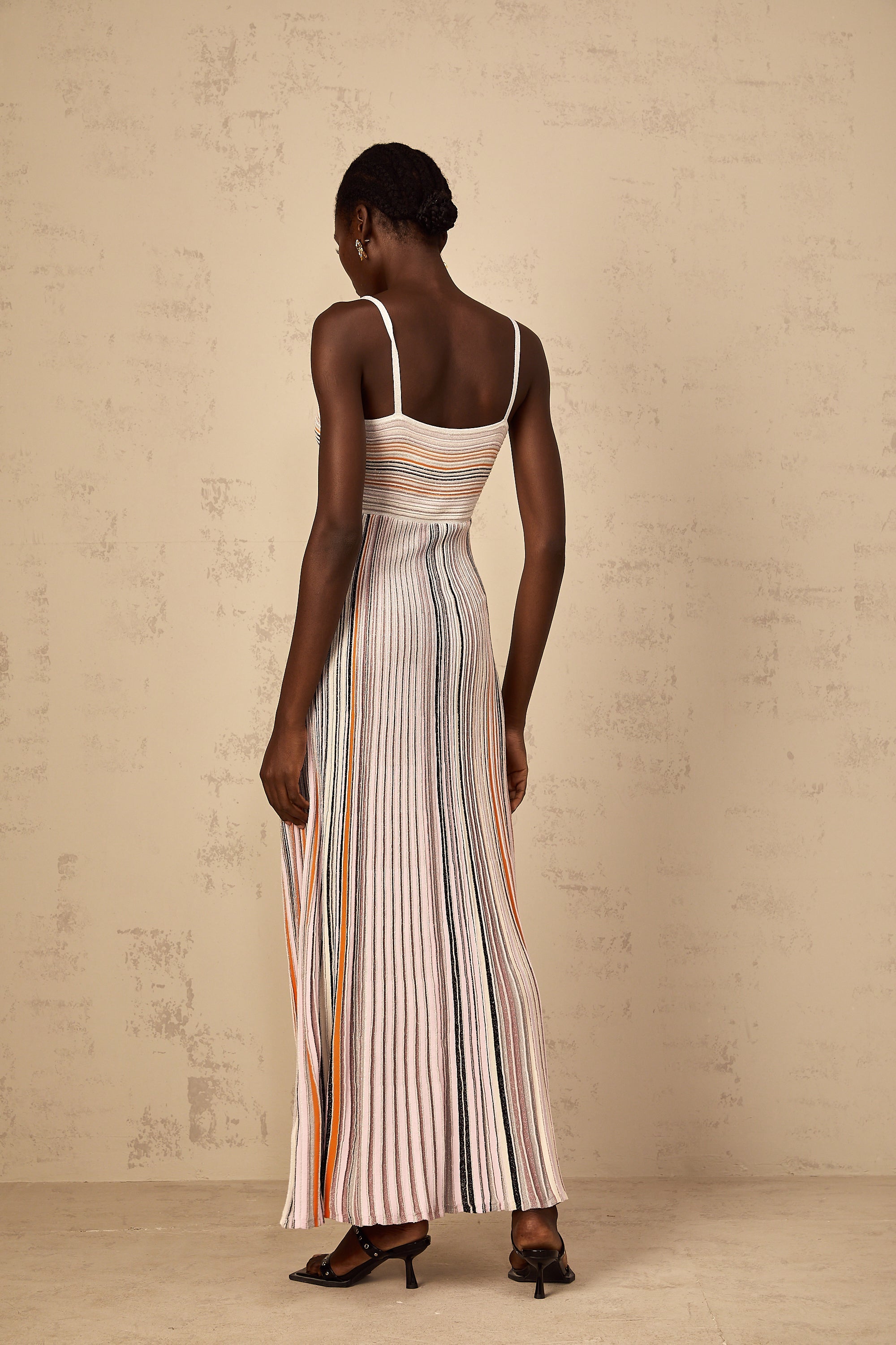 Bruyère Neutral Sequin Striped Knit Maxi Dress