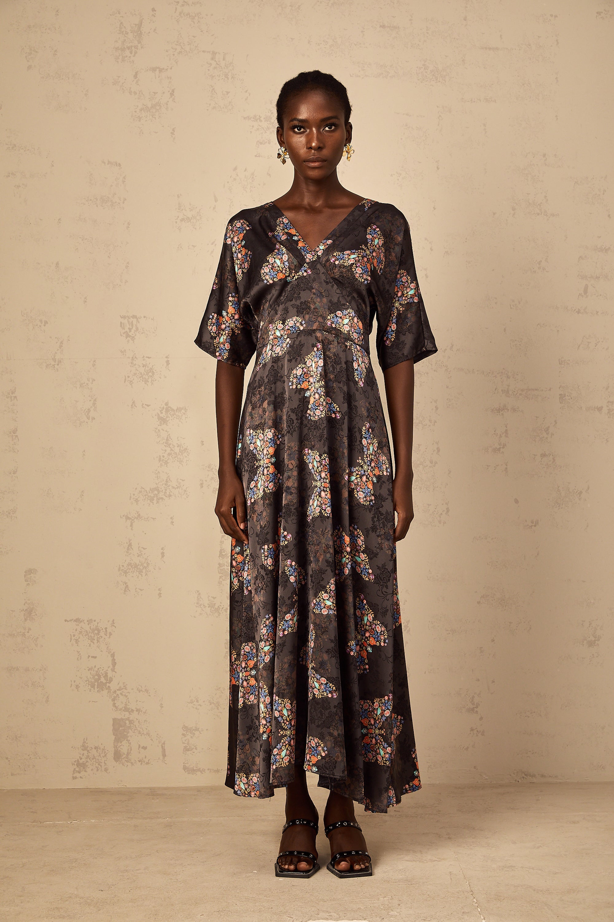 Glannon Black Self-Tie Butterfly Print Maxi Dress