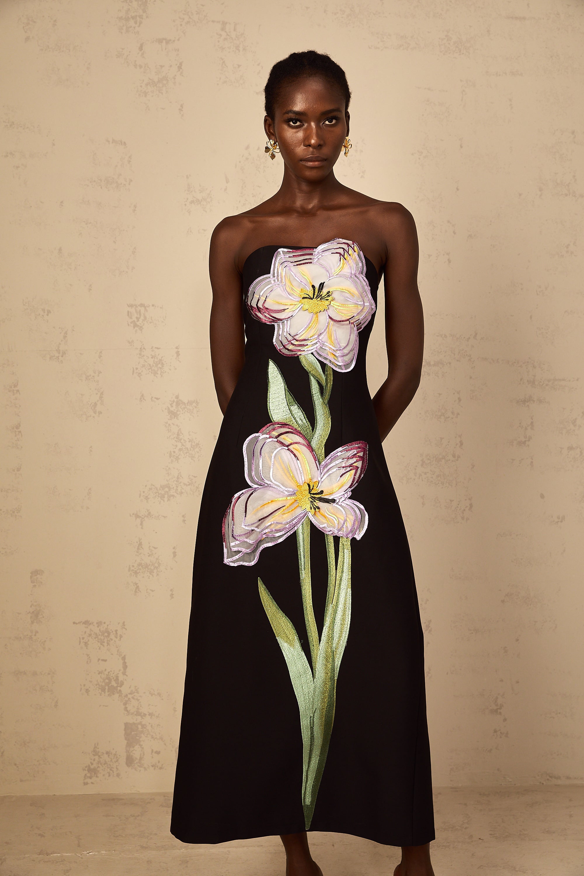 Irène Sequin Embroidered Off-Shoulder Midi Dress in Black