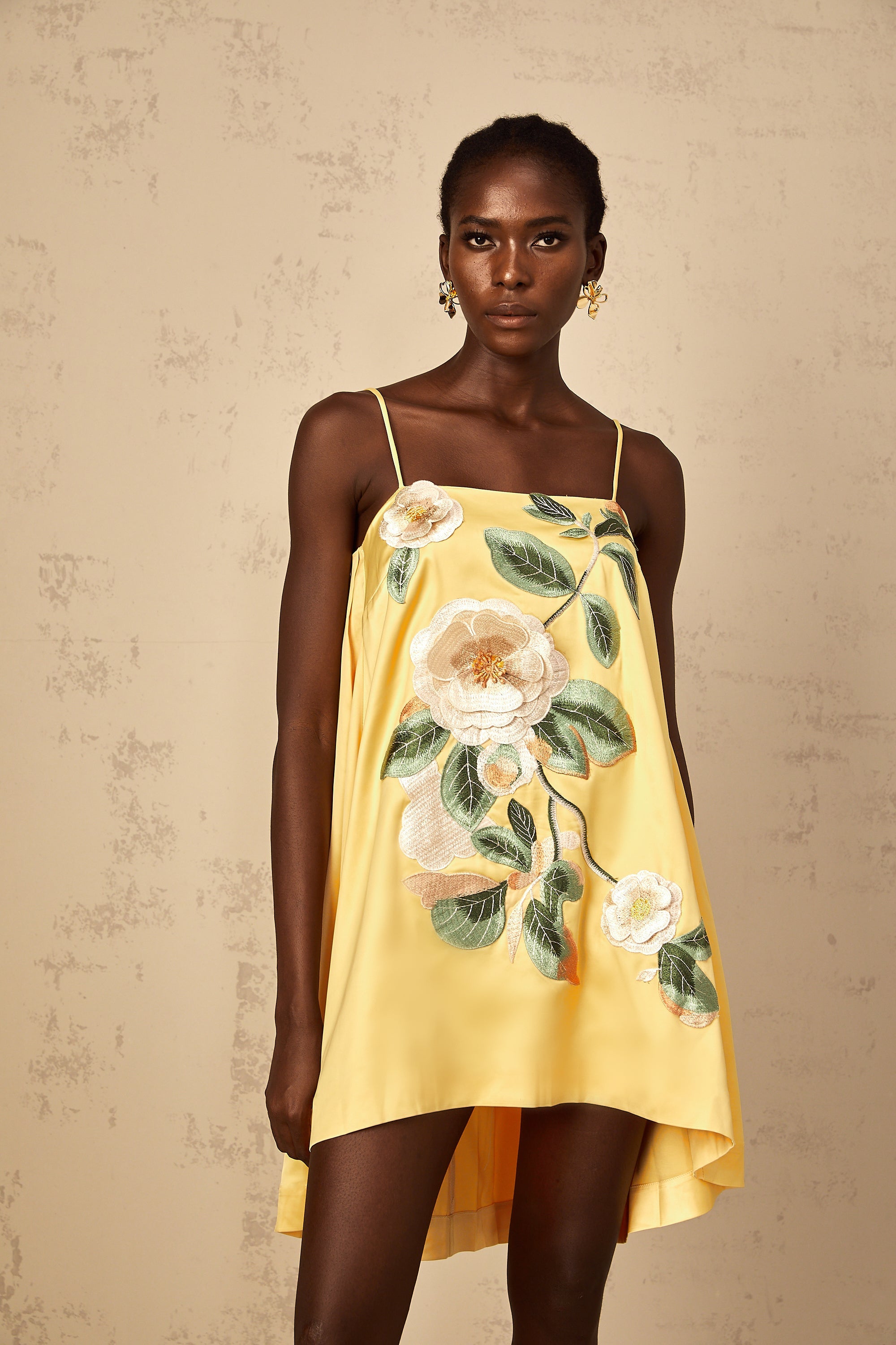 Avril Yellow Floral Embroidered Mini Dress (Final Sale-US Only)