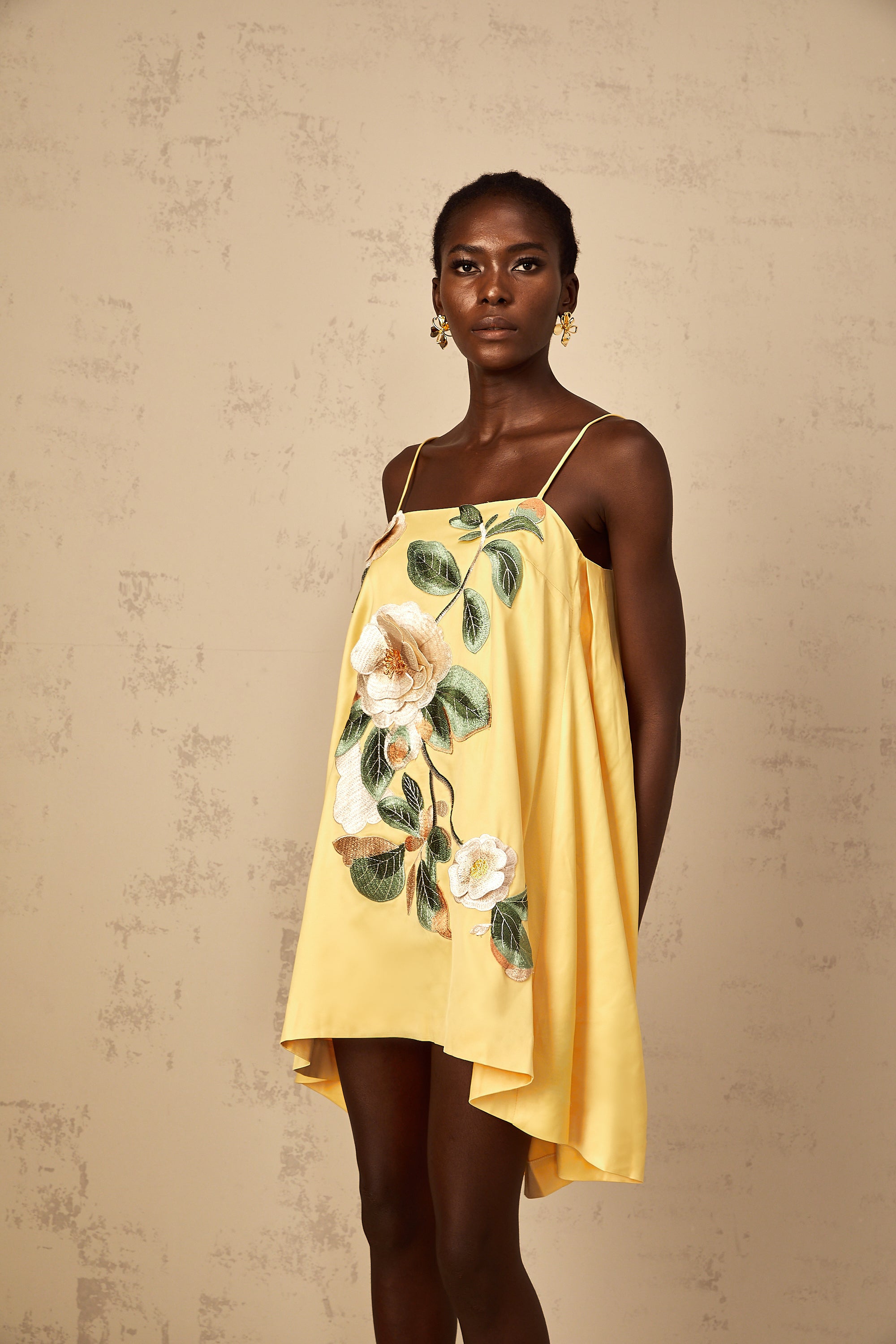 Avril Yellow Floral Embroidered Mini Dress (Final Sale-US Only)