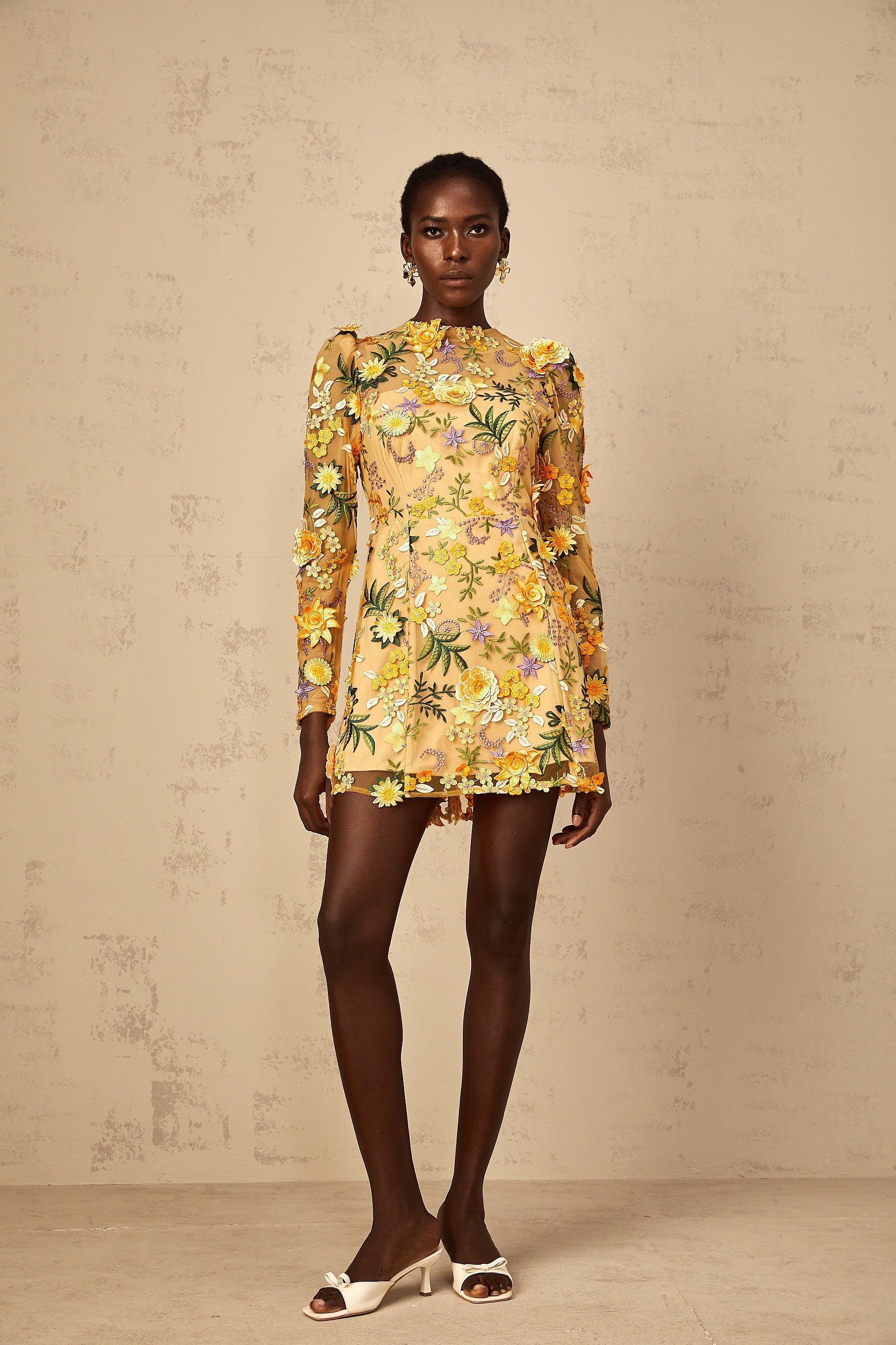Jolien 3D Floral Appliqué Mini Dress in Yellow (Final Sale-US Only)