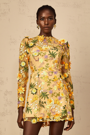 Jolien 3D Floral Appliqué Mini Dress in Yellow (Final Sale-US Only)