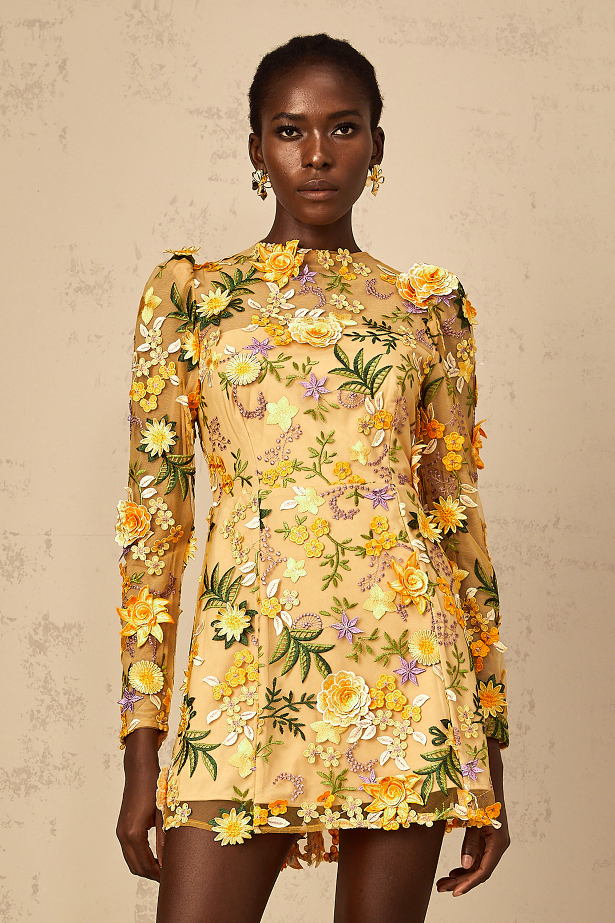 Jolien 3D Floral Appliqué Mini Dress in Yellow (Final Sale-US Only)