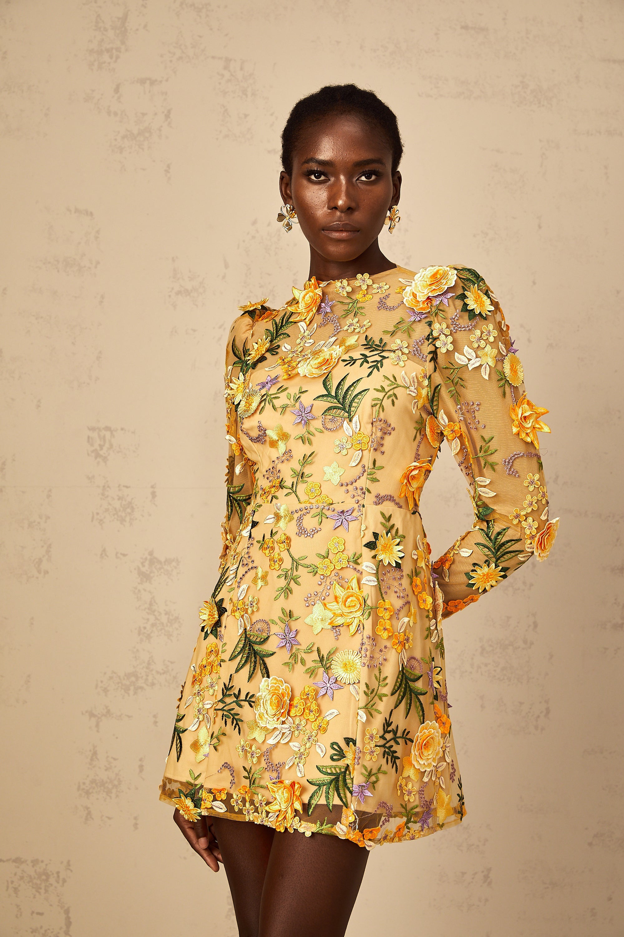 Jolien 3D Floral Appliqué Mini Dress in Yellow (Final Sale-US Only)