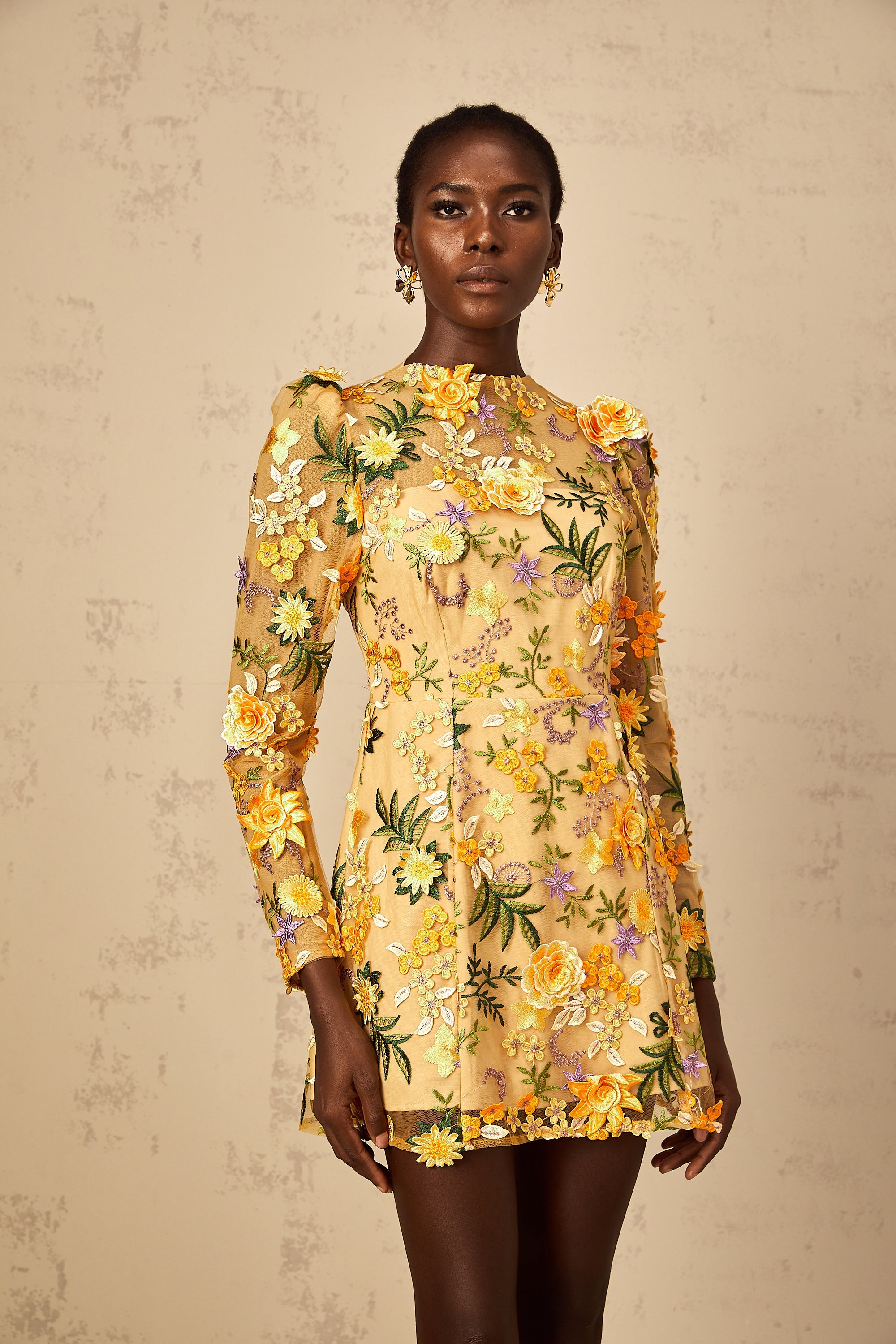 Jolien 3D Floral Appliqué Mini Dress in Yellow (Final Sale-US Only)