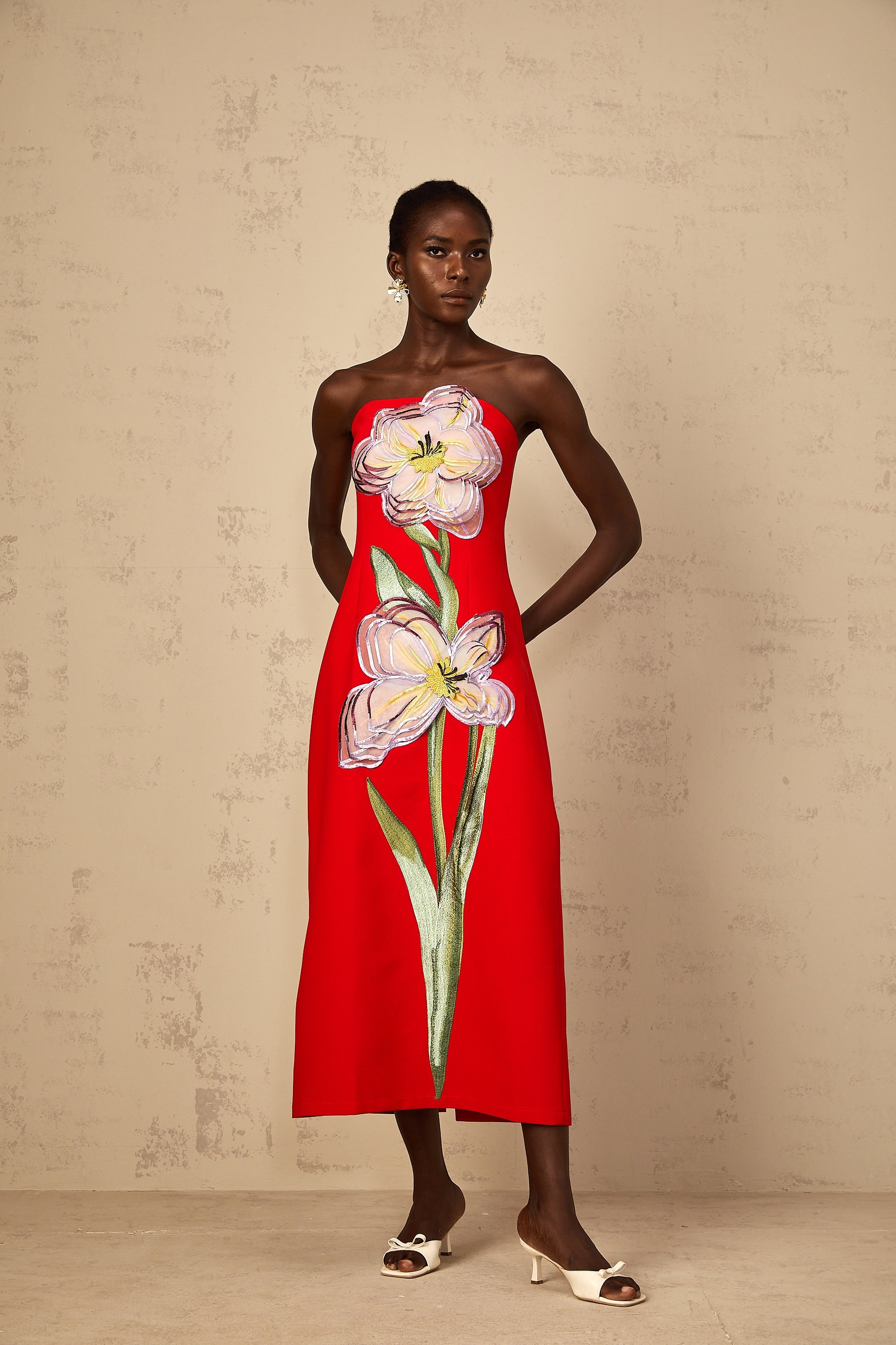 Irène Sequin Embroidered Off-Shoulder Midi Dress in Red (Final Sale-US Only)