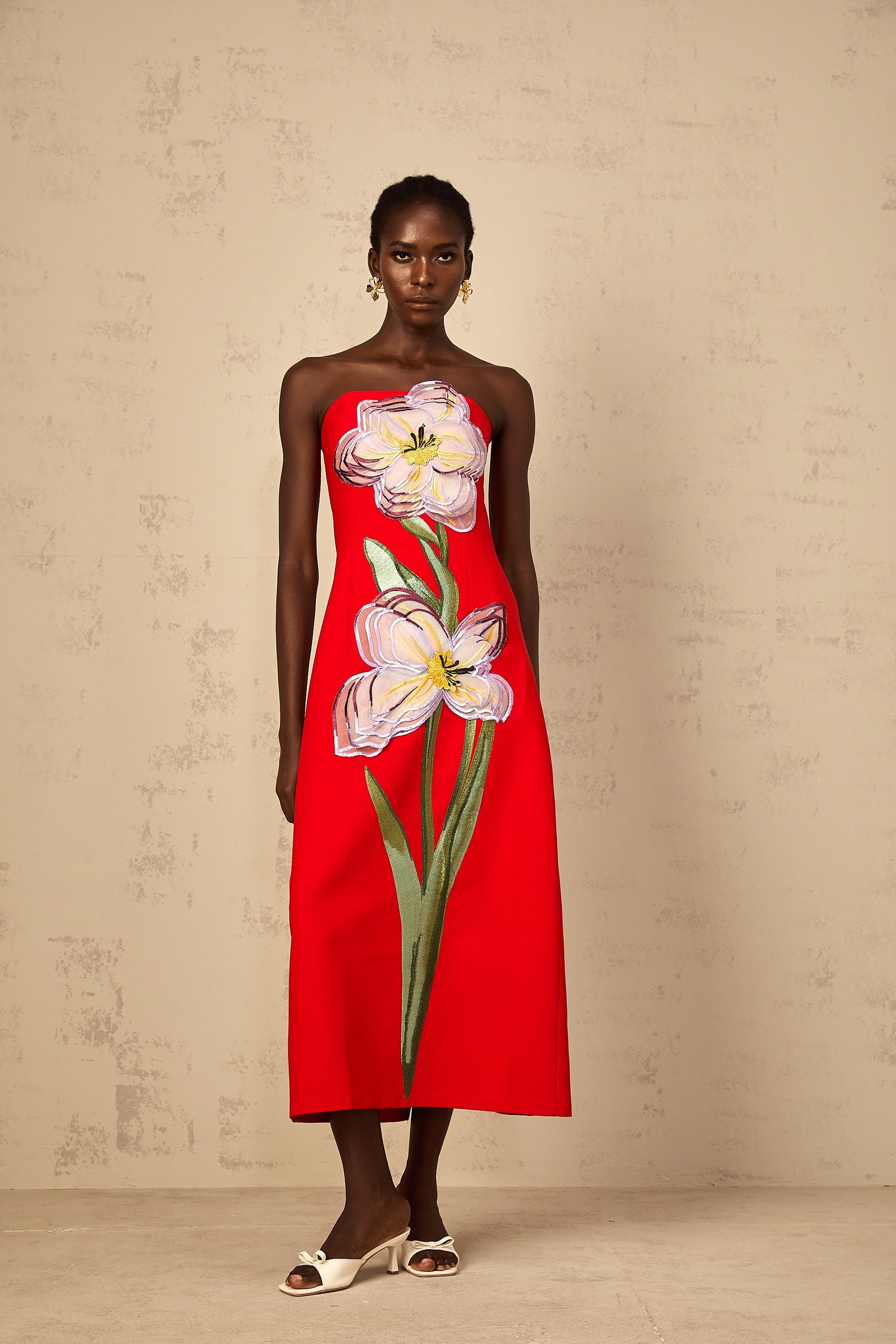 Irène Sequin Embroidered Off-Shoulder Midi Dress in Red (Final Sale-US Only)