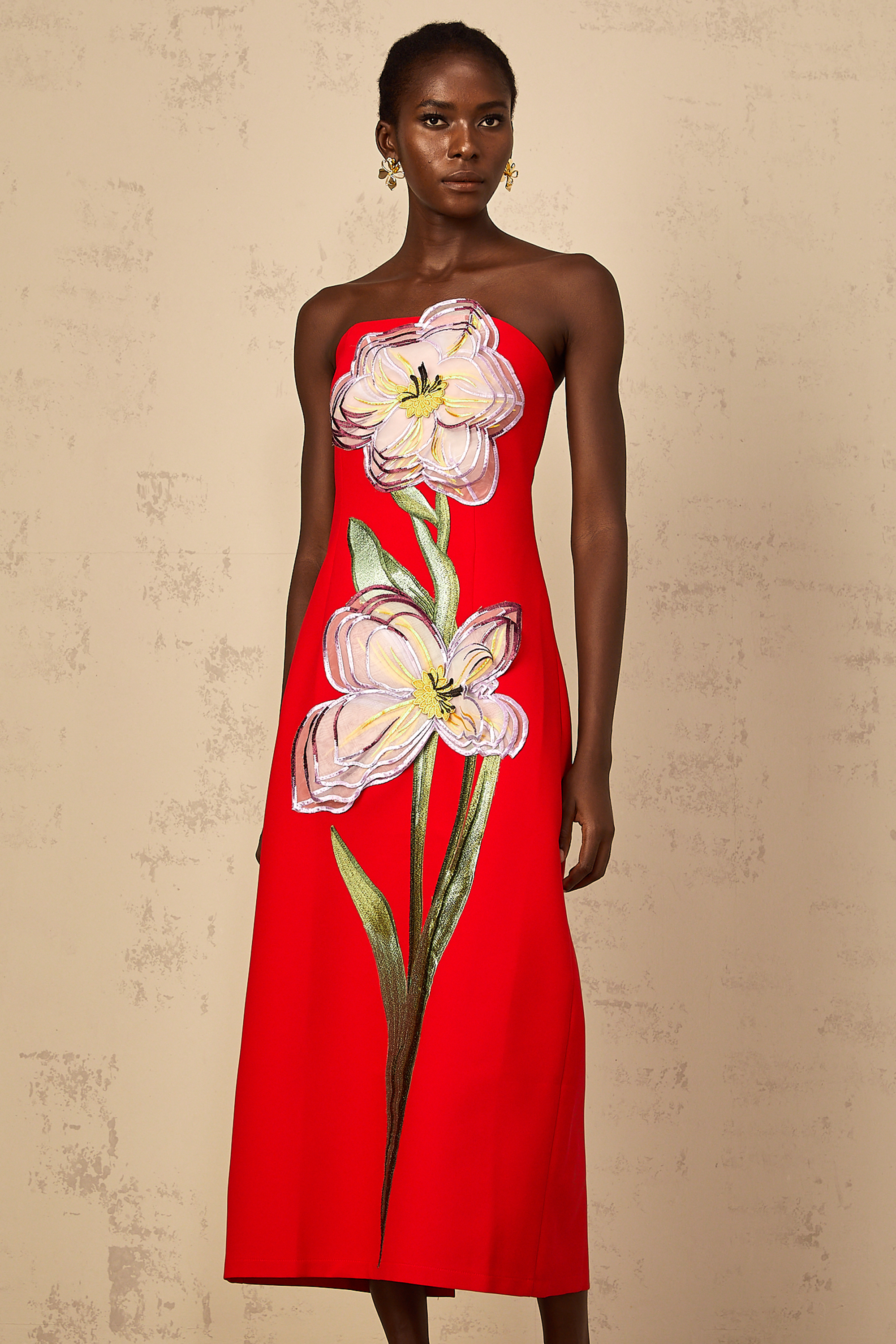 Irène Sequin Embroidered Off-Shoulder Midi Dress in Red