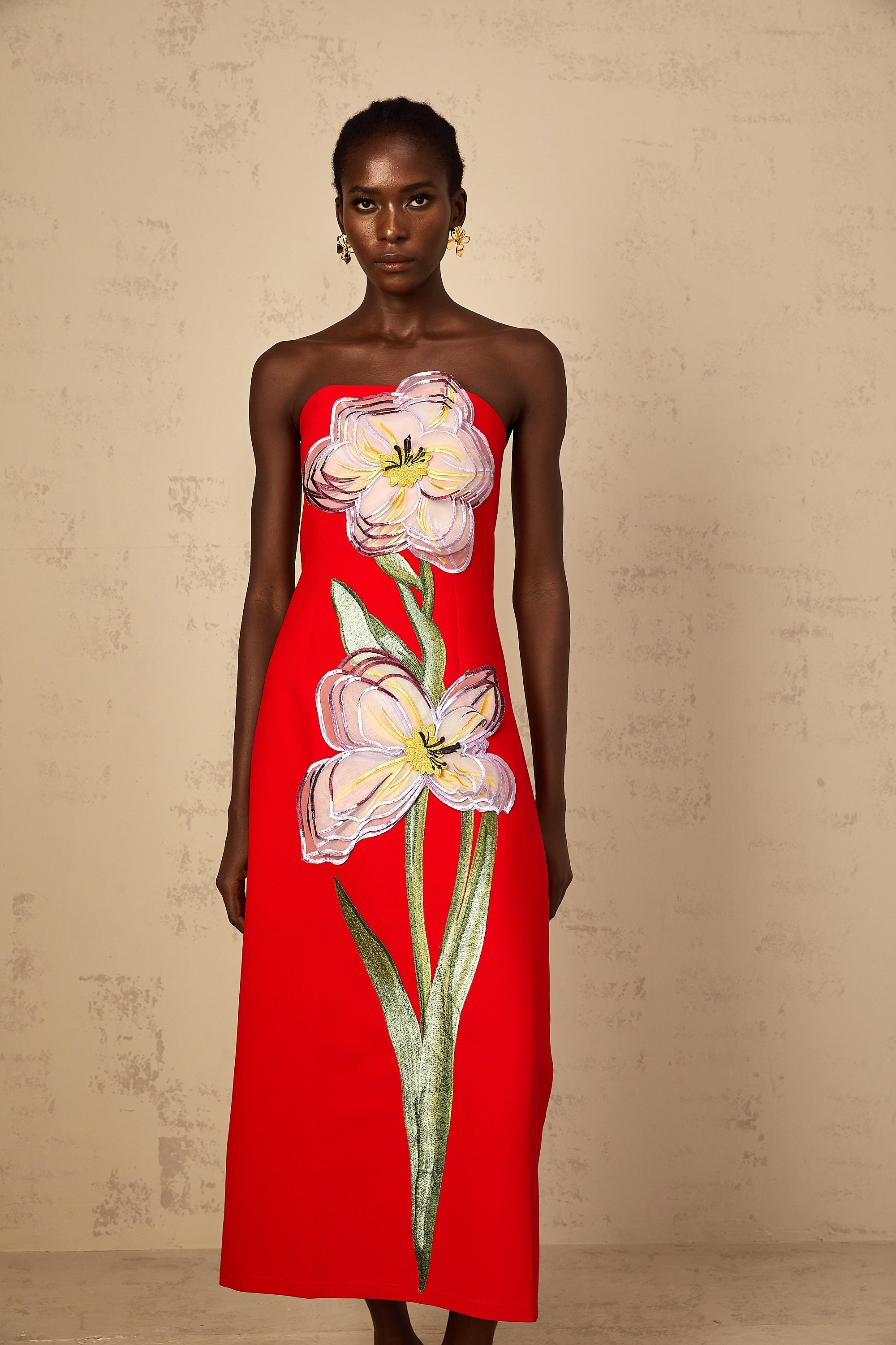 Irène Sequin Embroidered Off-Shoulder Midi Dress in Red (Final Sale-US Only)