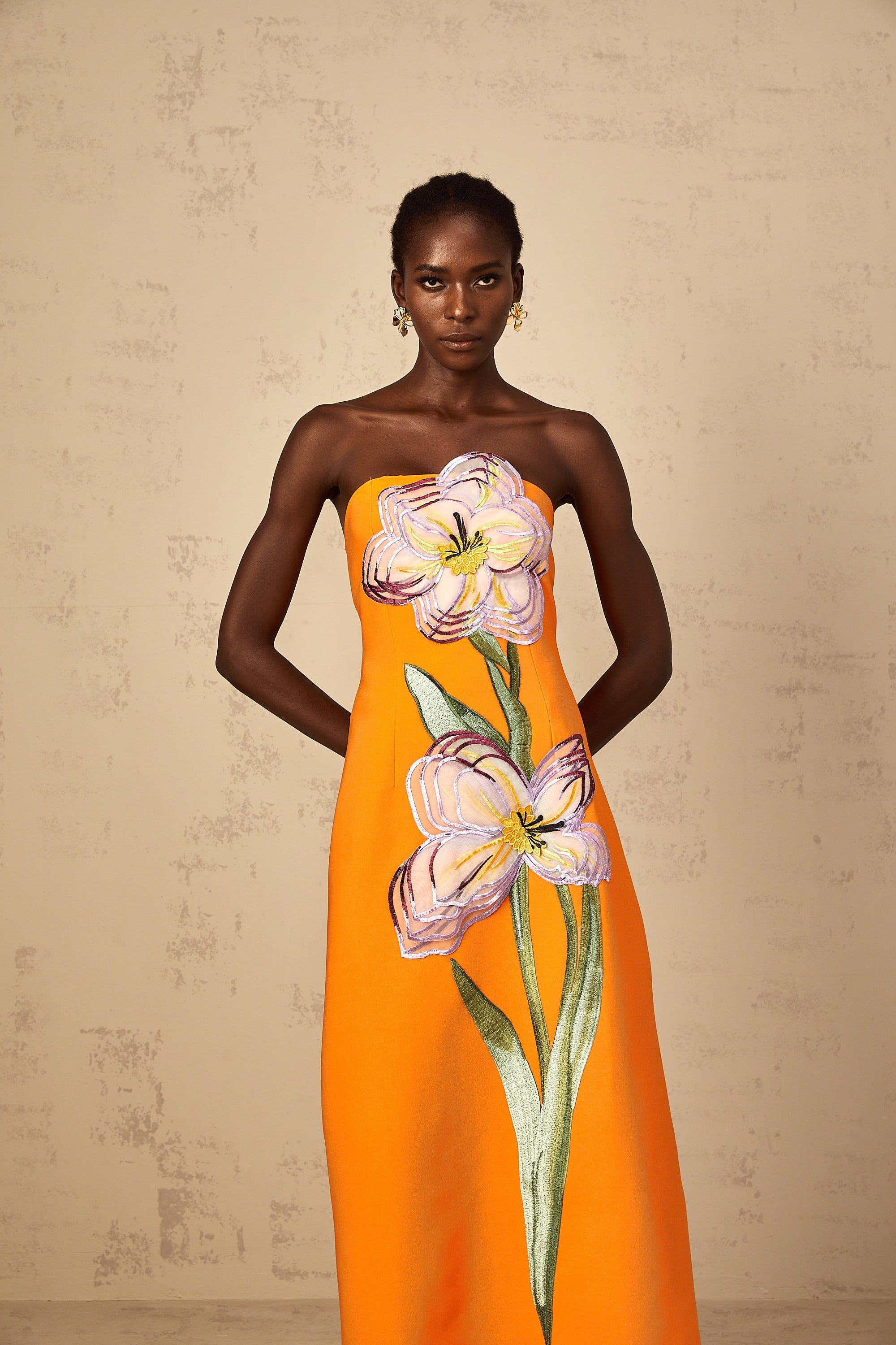 Irène Sequin Embroidered Off-Shoulder Midi Dress in Orange (Final Sale-US Only)