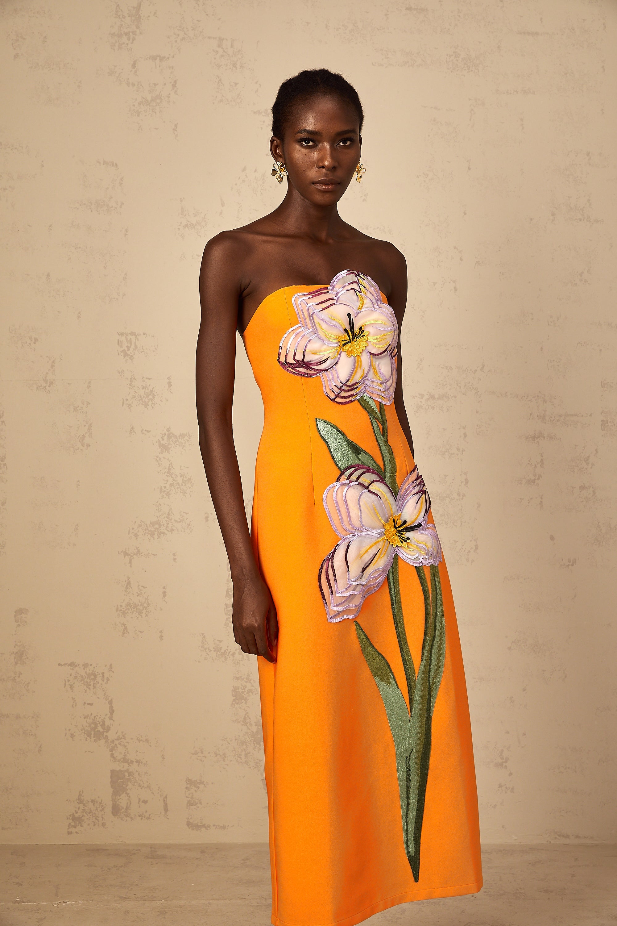 Irène Sequin Embroidered Off-Shoulder Midi Dress in Orange (Final Sale-US Only)