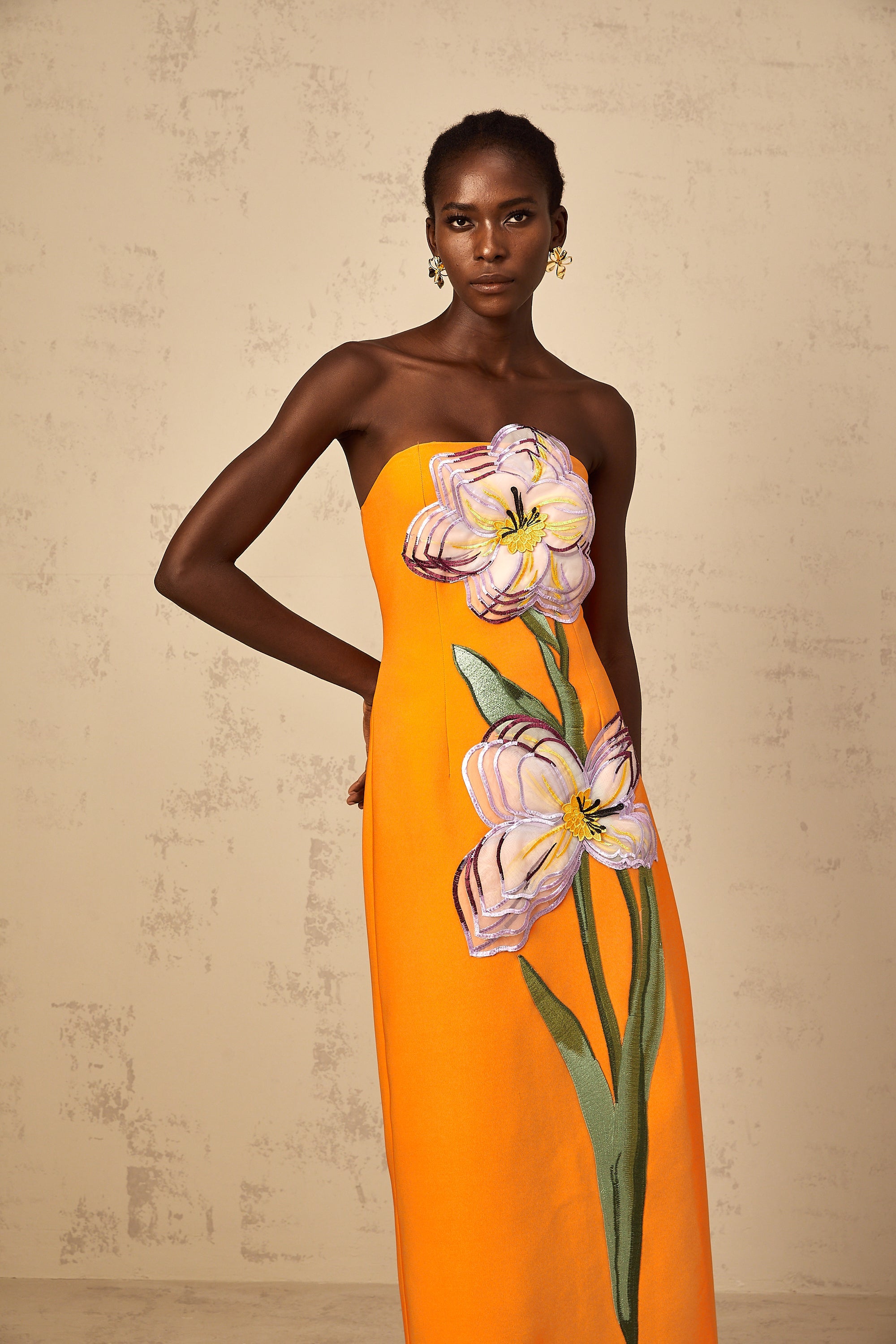 Irène Sequin Embroidered Off-Shoulder Midi Dress in Orange (Final Sale-US Only)