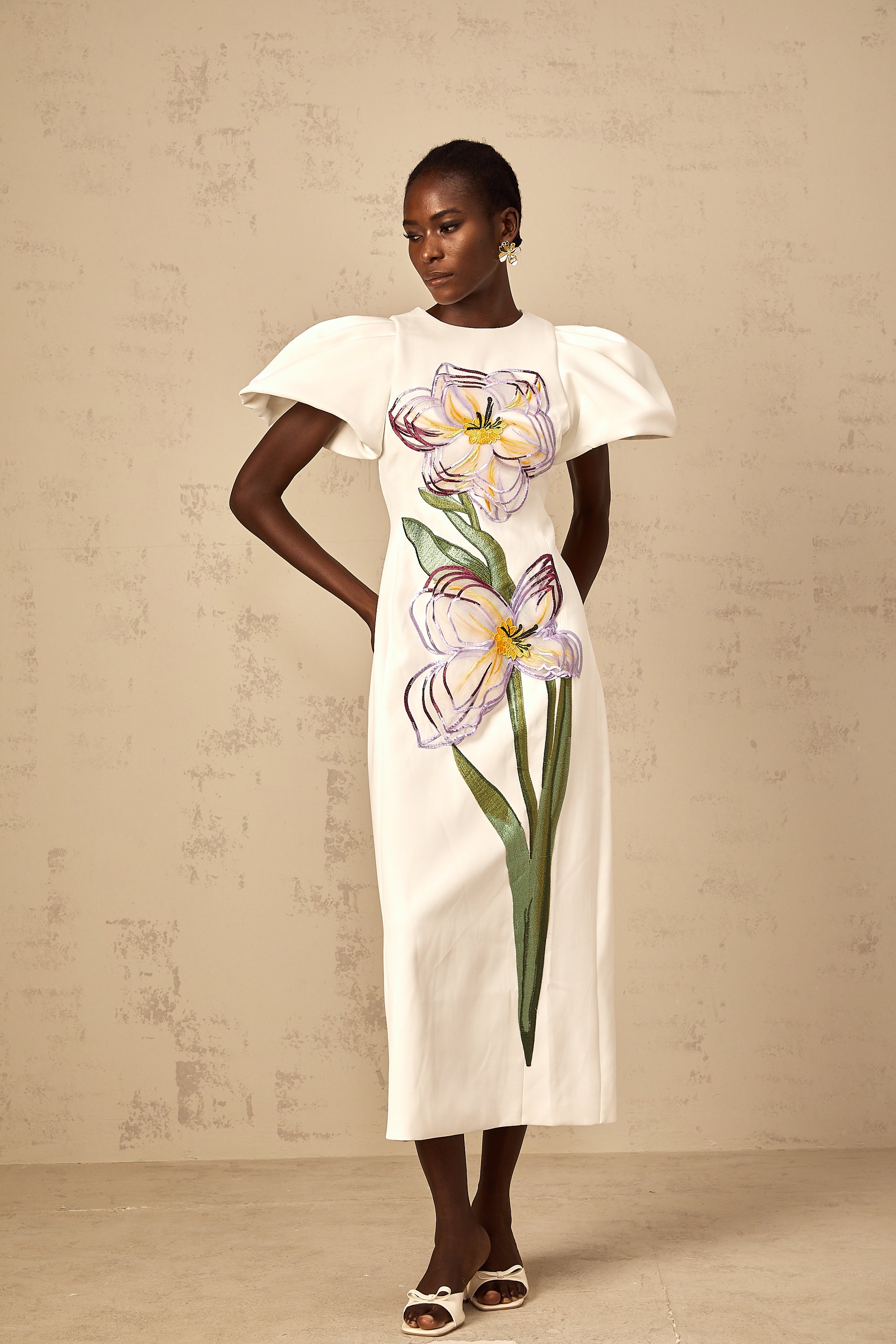 Irène White Sequin Floral Embroidered Midi Dress