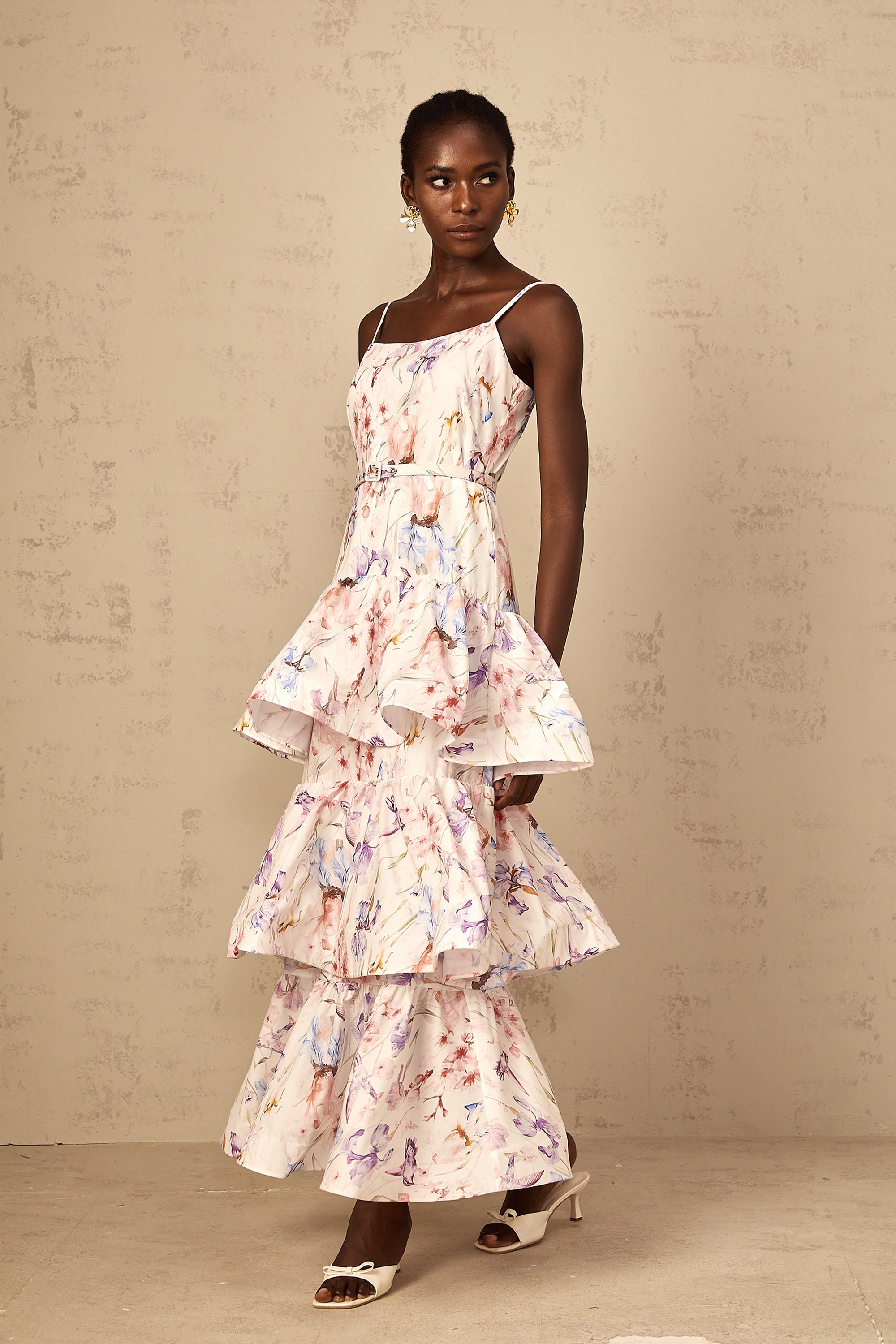 Géraldine White Floral Print Ruffled Tiered Maxi Dress