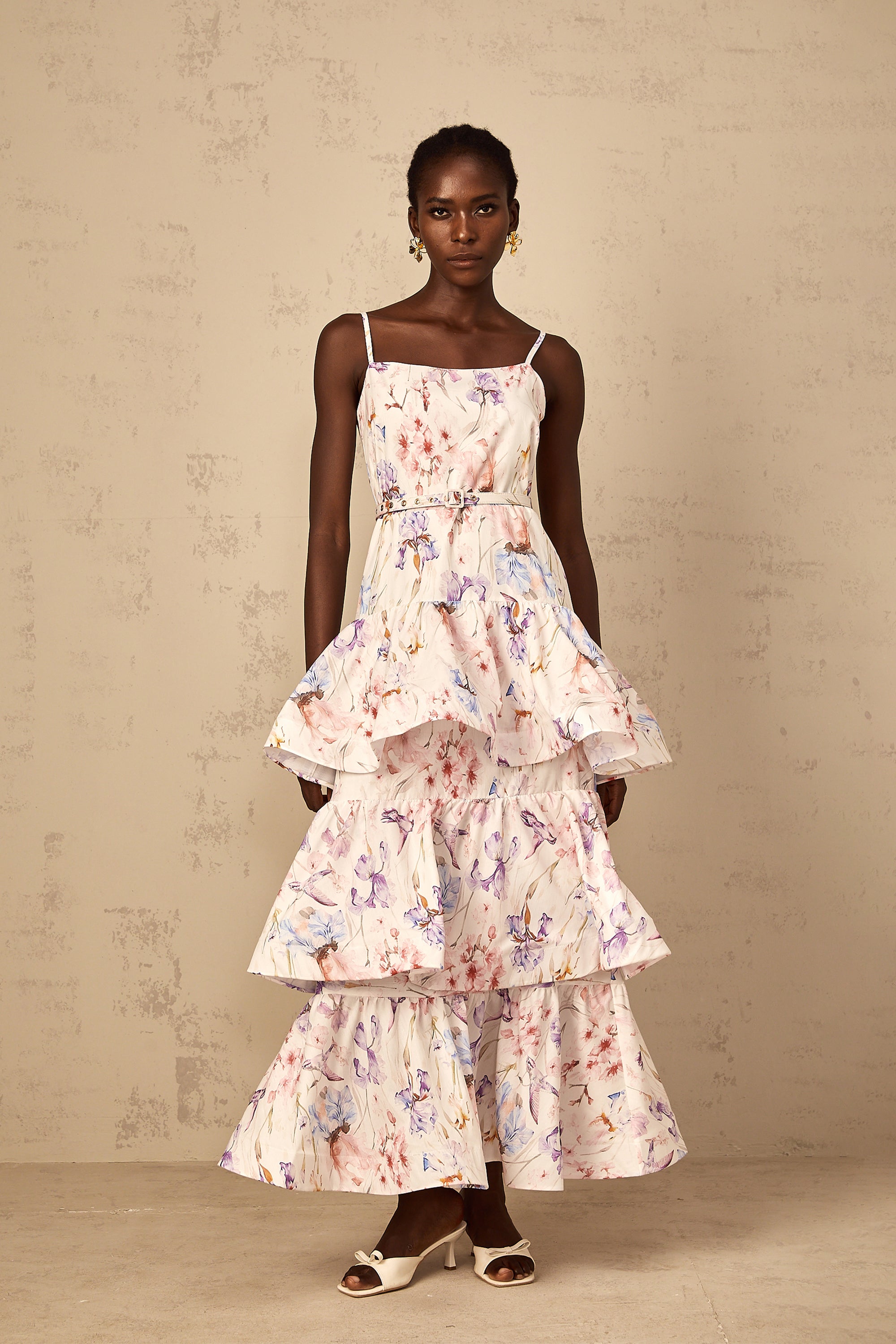 Géraldine White Floral Print Ruffled Tiered Maxi Dress