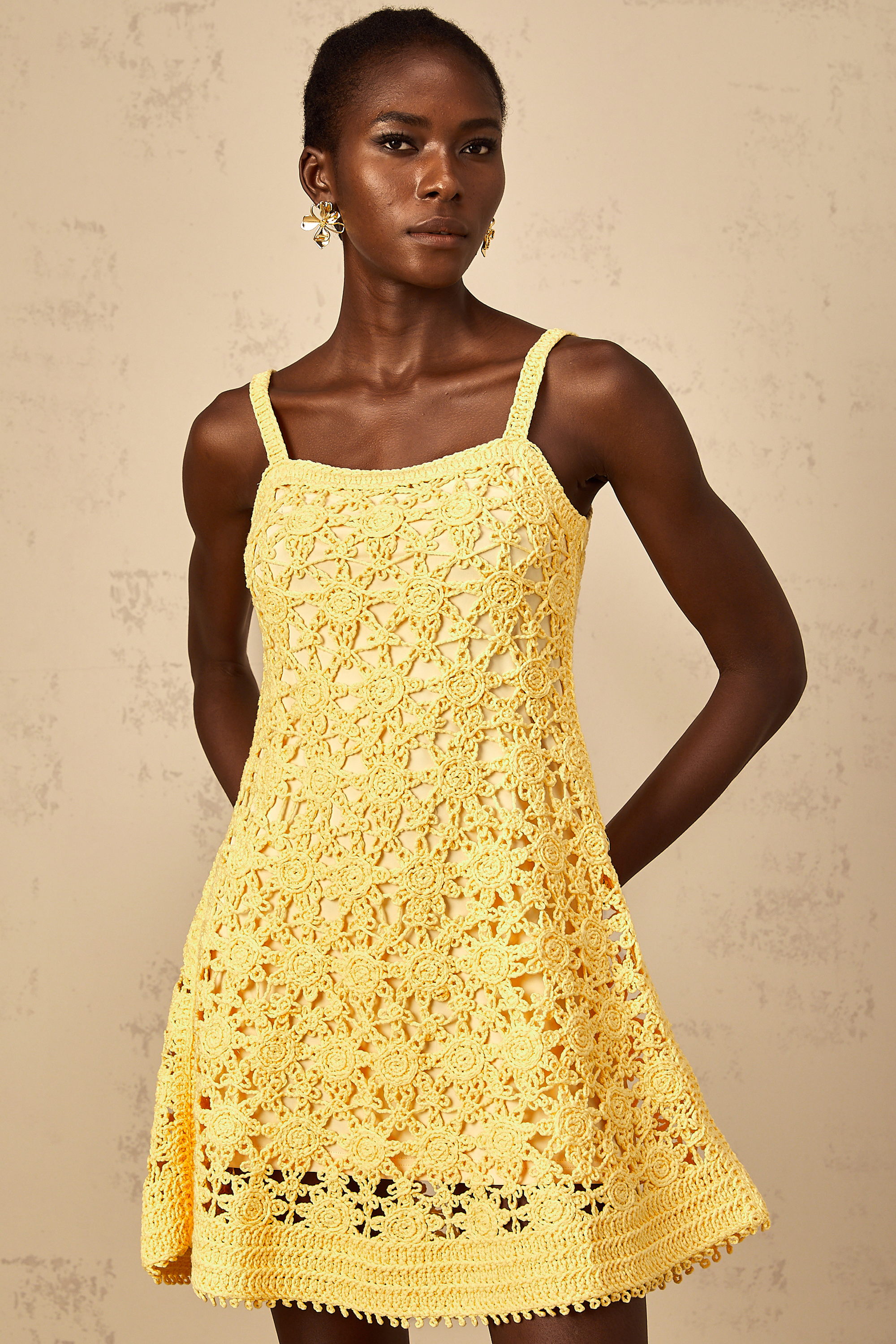 Isoline Yellow Flared Crochet Knit Mini Dress