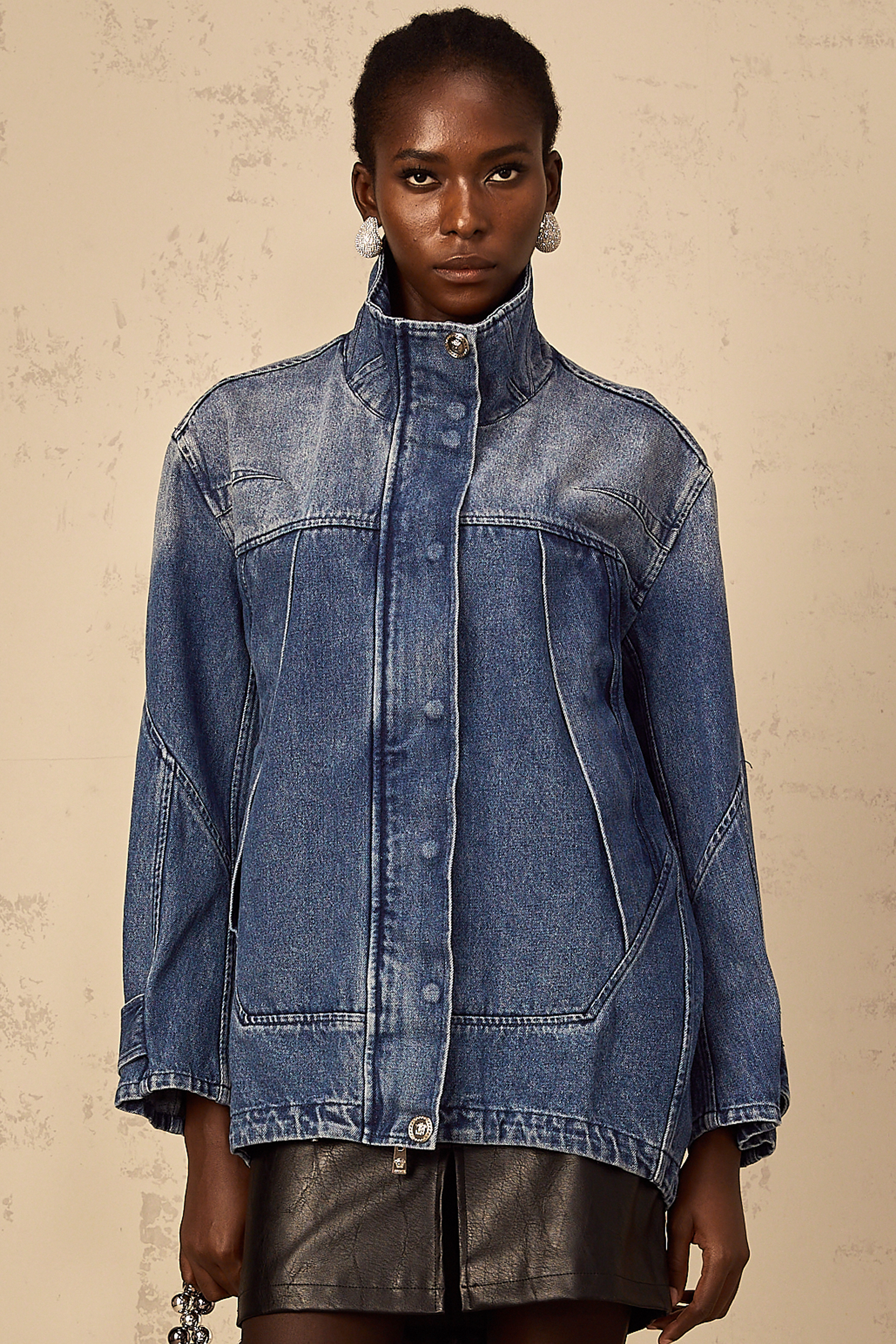 Géraldine blue patchwork loose-fit denim jacket