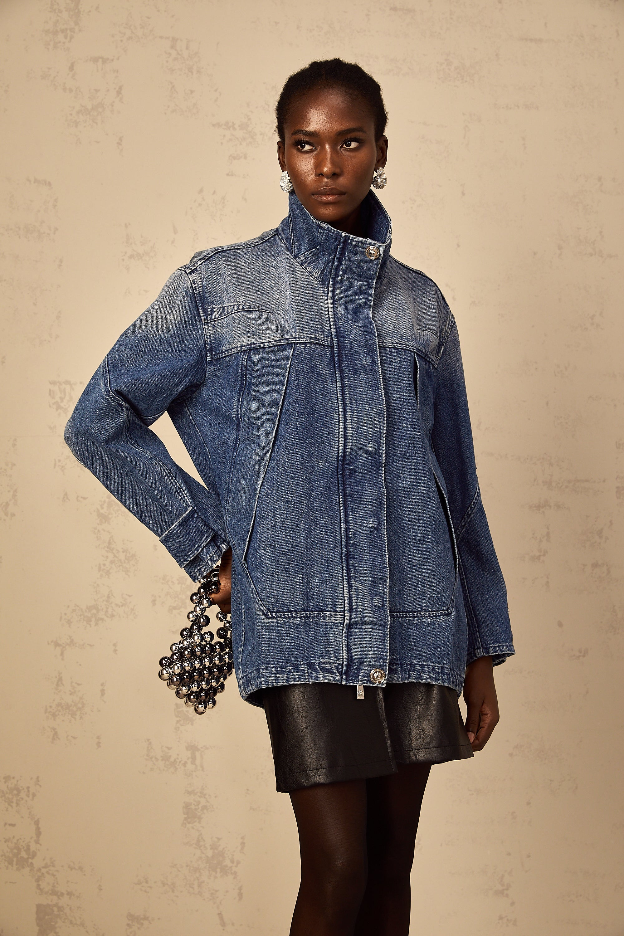 Géraldine blue patchwork loose-fit denim jacket