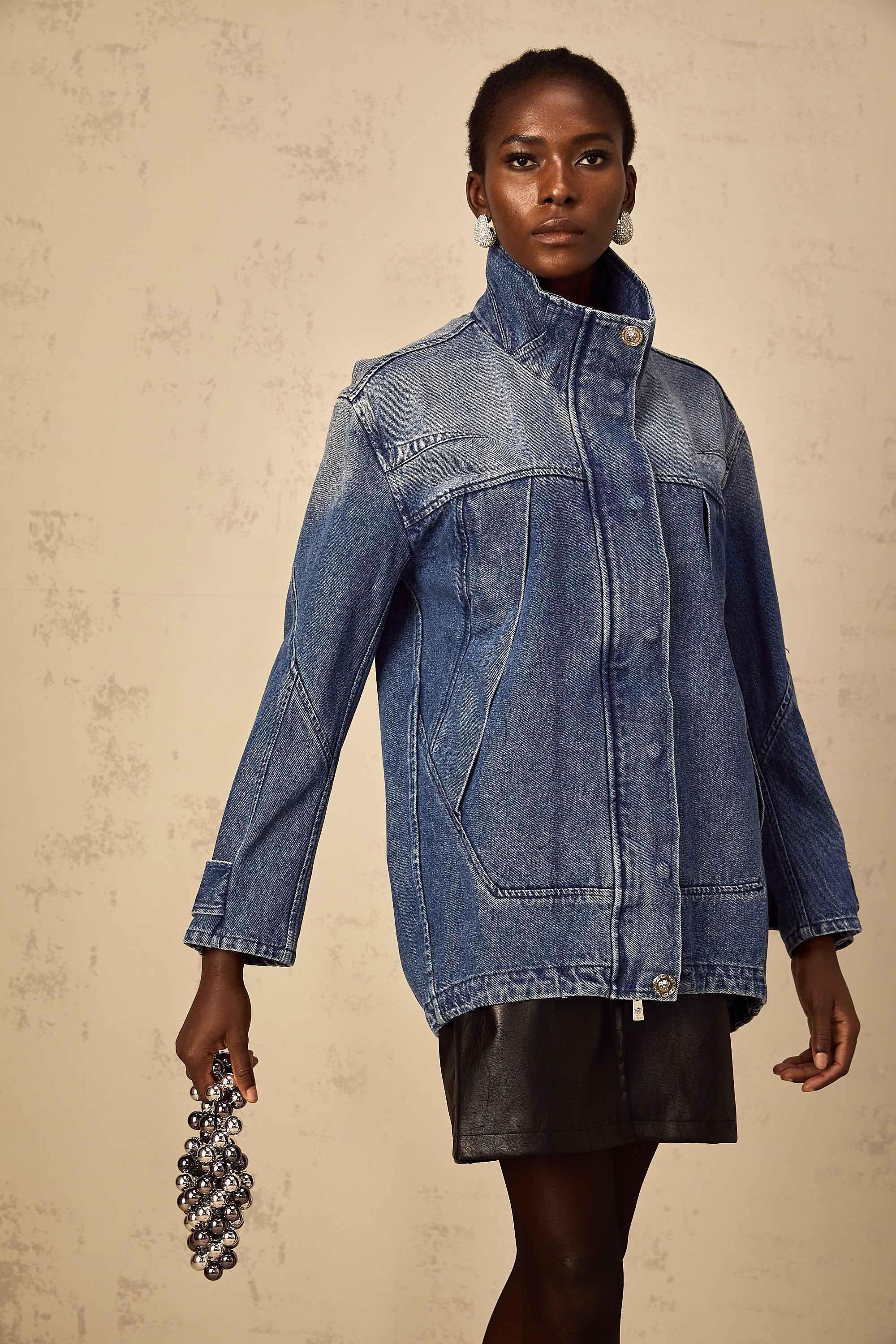 Géraldine blue patchwork loose-fit denim jacket