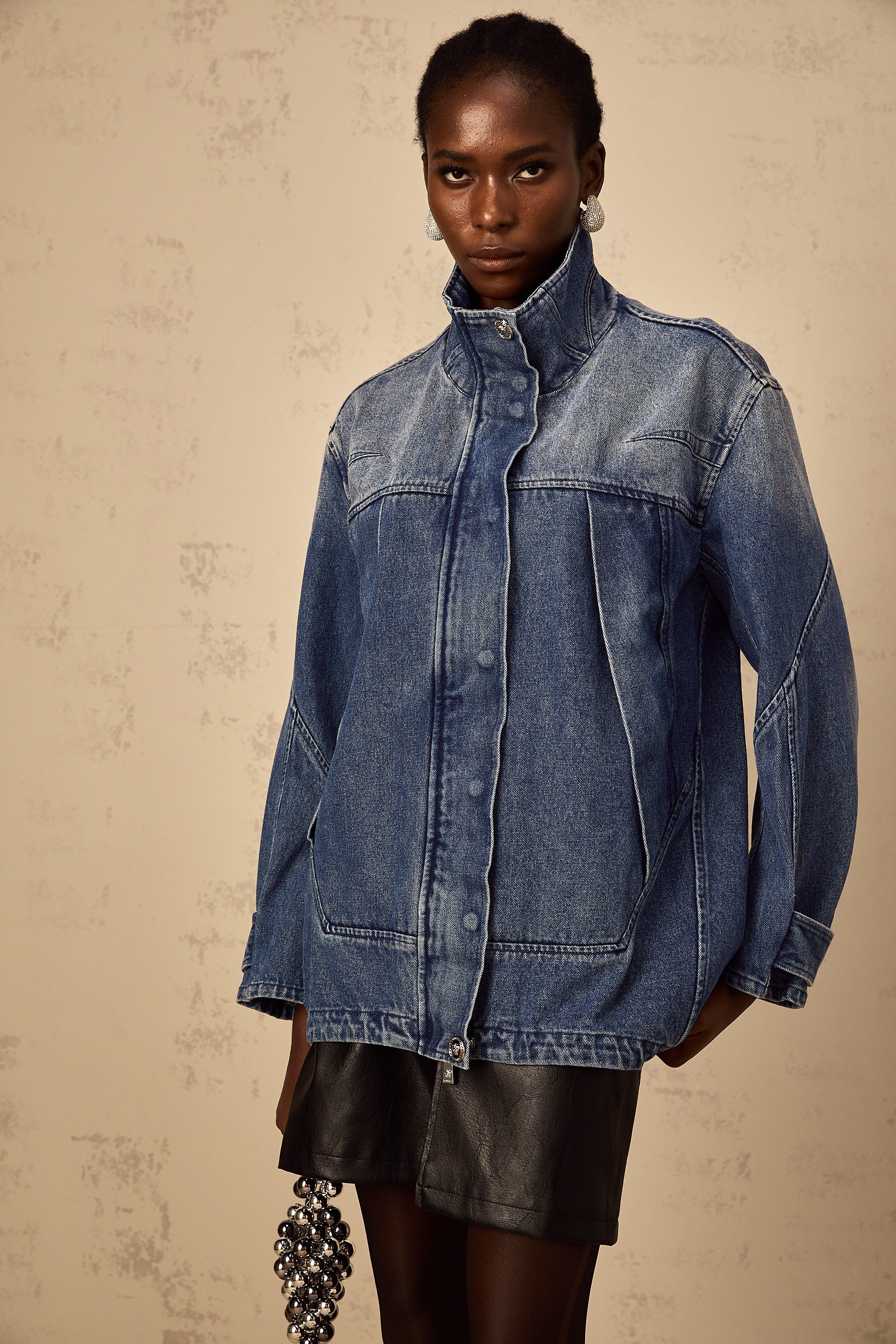 Géraldine blue patchwork loose-fit denim jacket