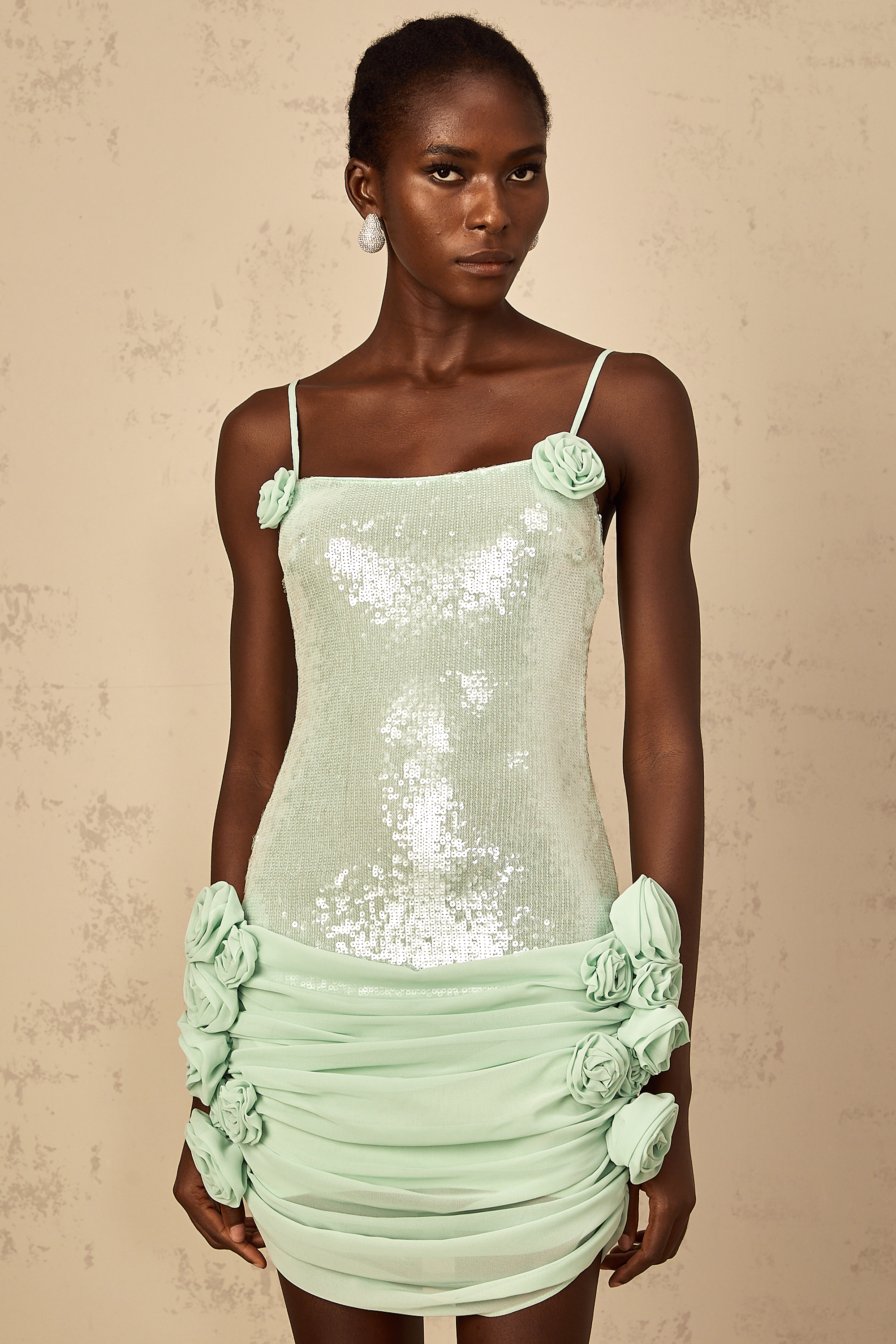 Élise green sequin-embellished floral mini dress