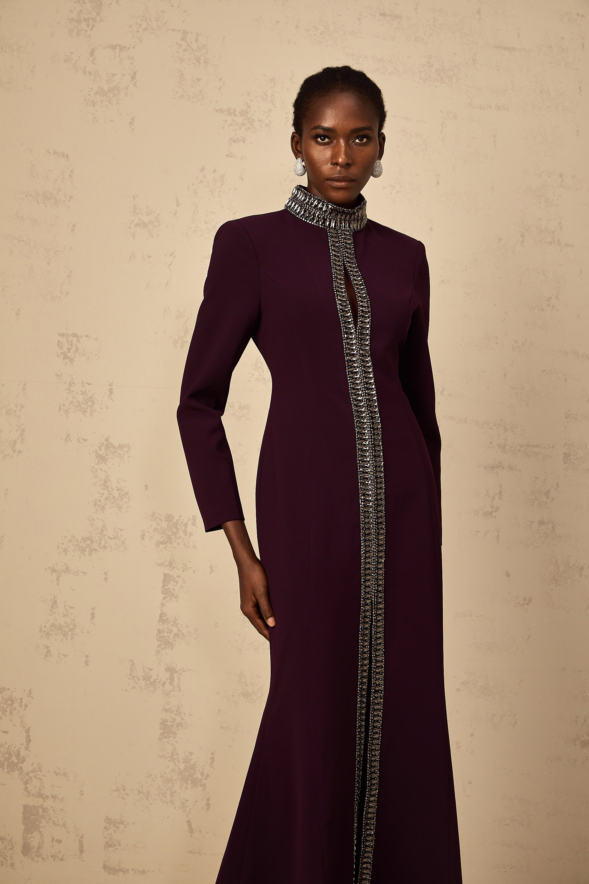 Maëlie Burgundy Embellished Flared Maxi Dress
