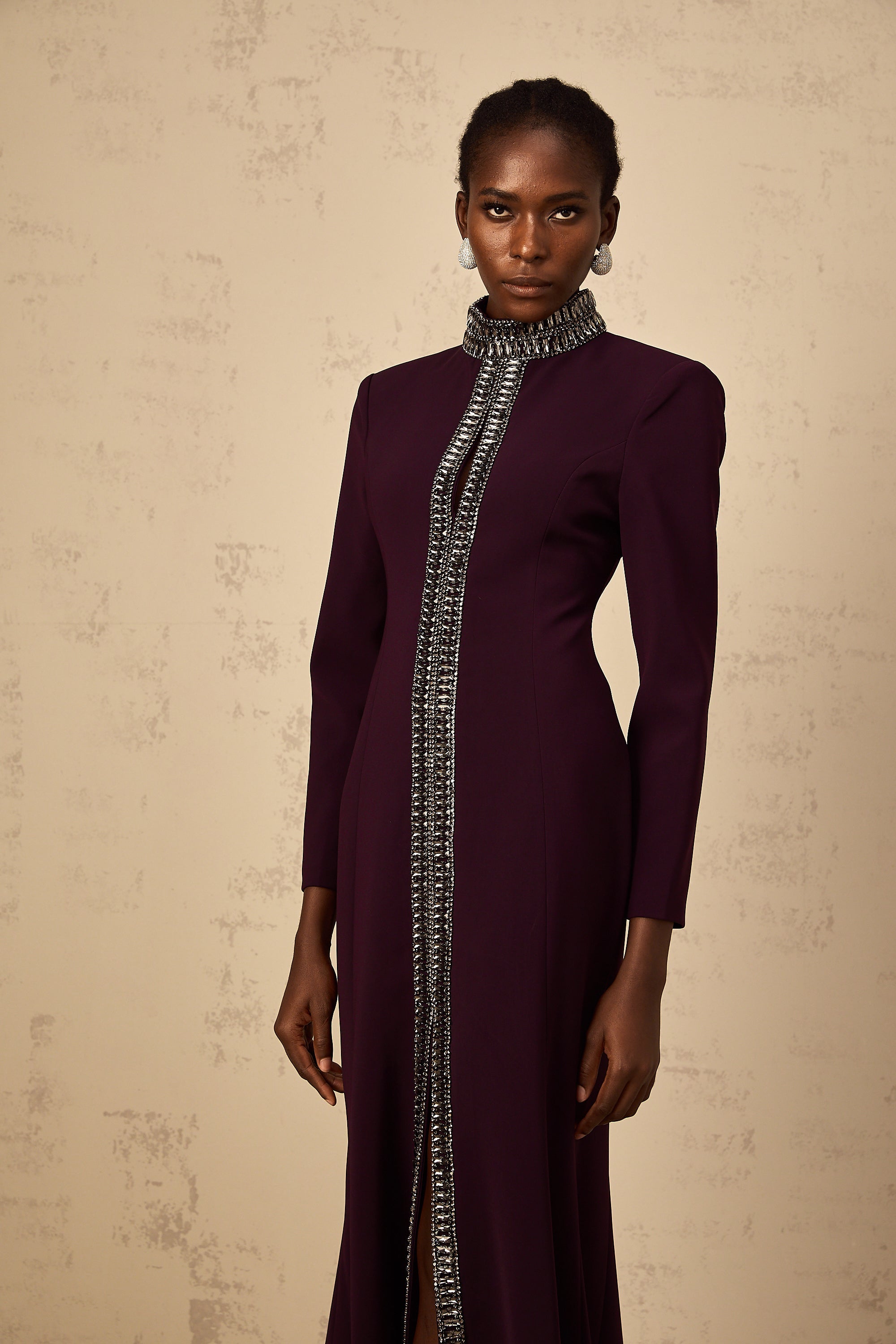 Maëlie Burgundy Embellished Flared Maxi Dress