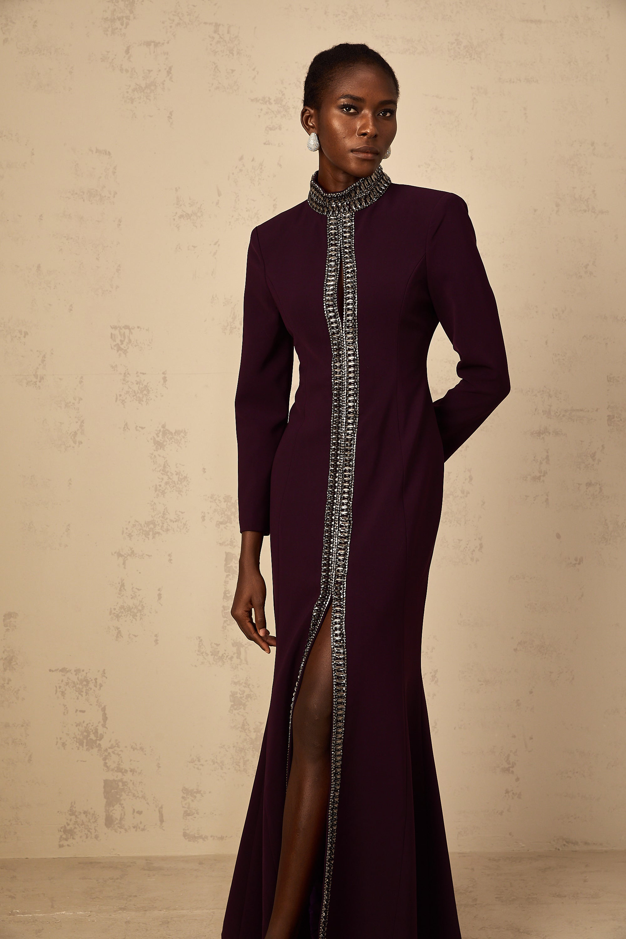 Maëlie Burgundy Embellished Flared Maxi Dress