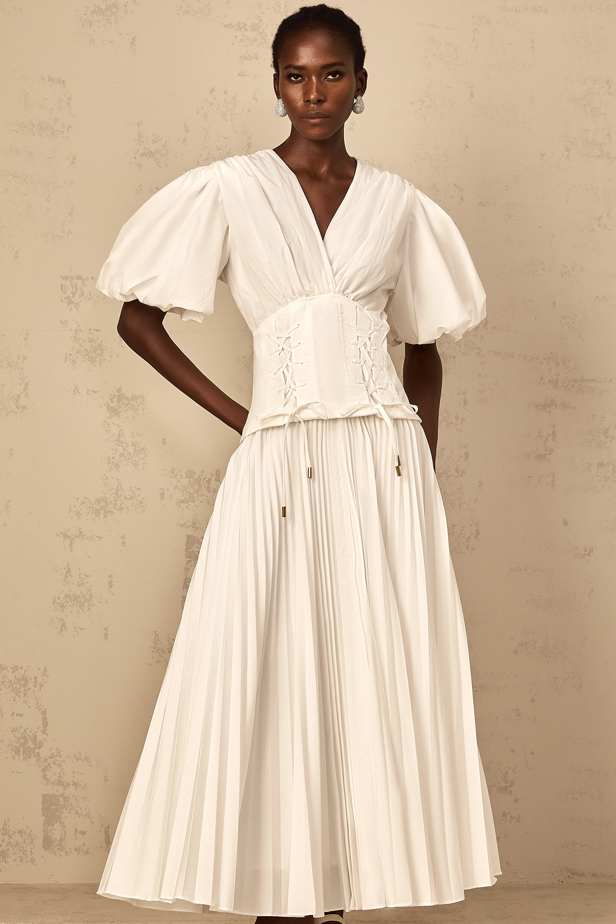 Vienne White Lace-Up Pleated Maxi Dress