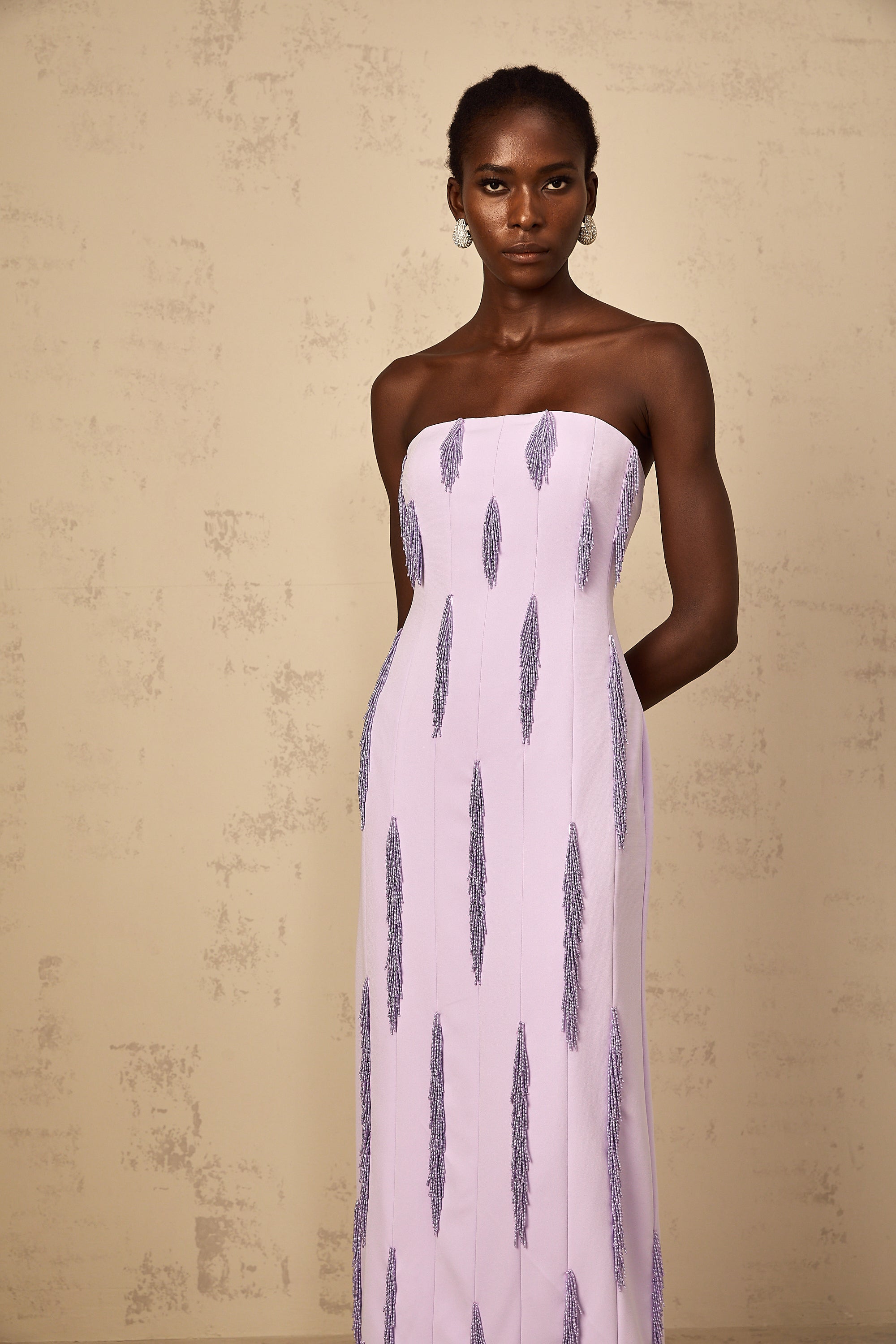 Émilie Purple Beaded Fringed Detail Maxi Dress