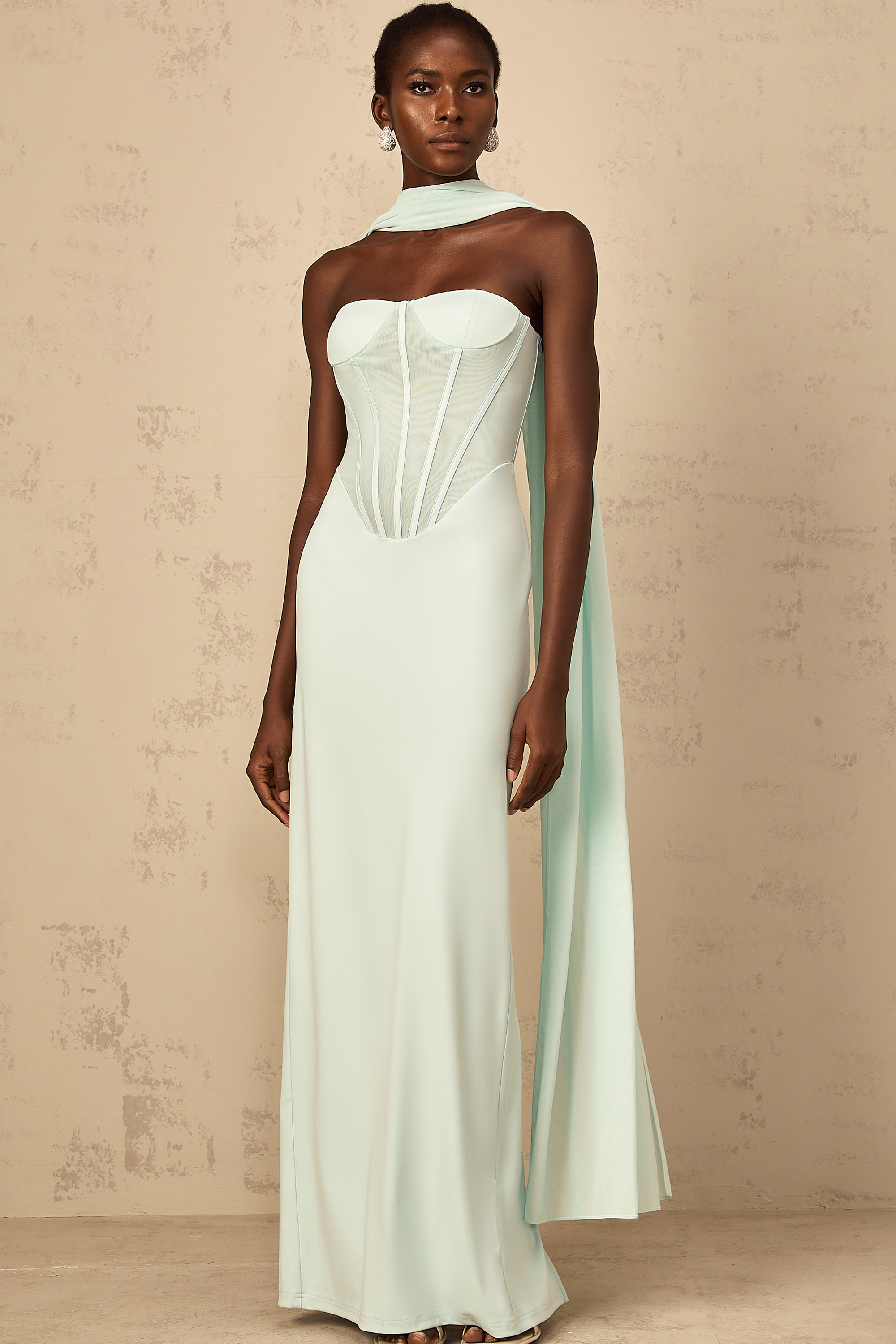 Béryl Tulle Panel Corset Maxi Dress in Mint Green (Final Sale-US Only)