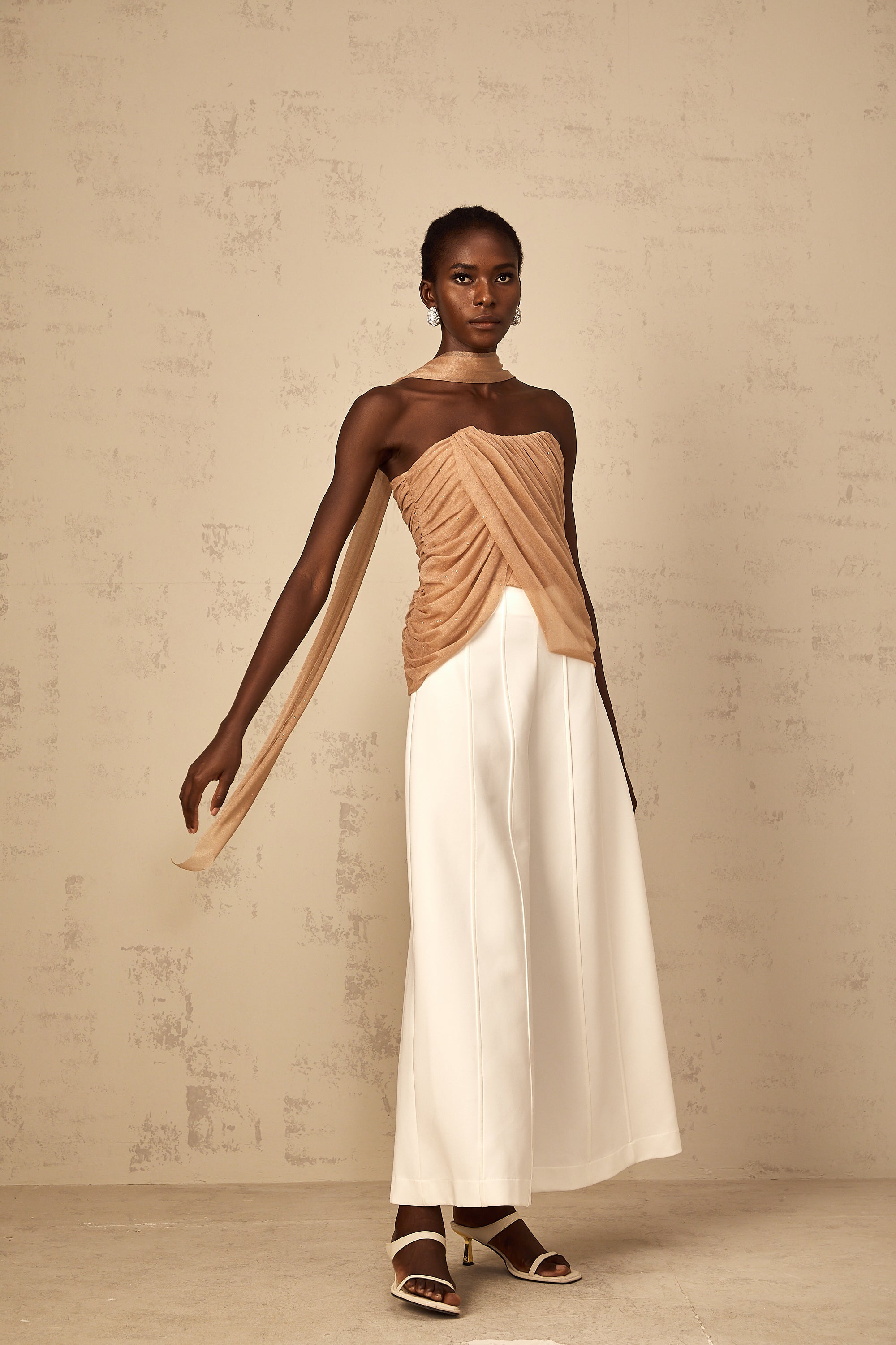 Bérénice brown sequined ruched tulle top