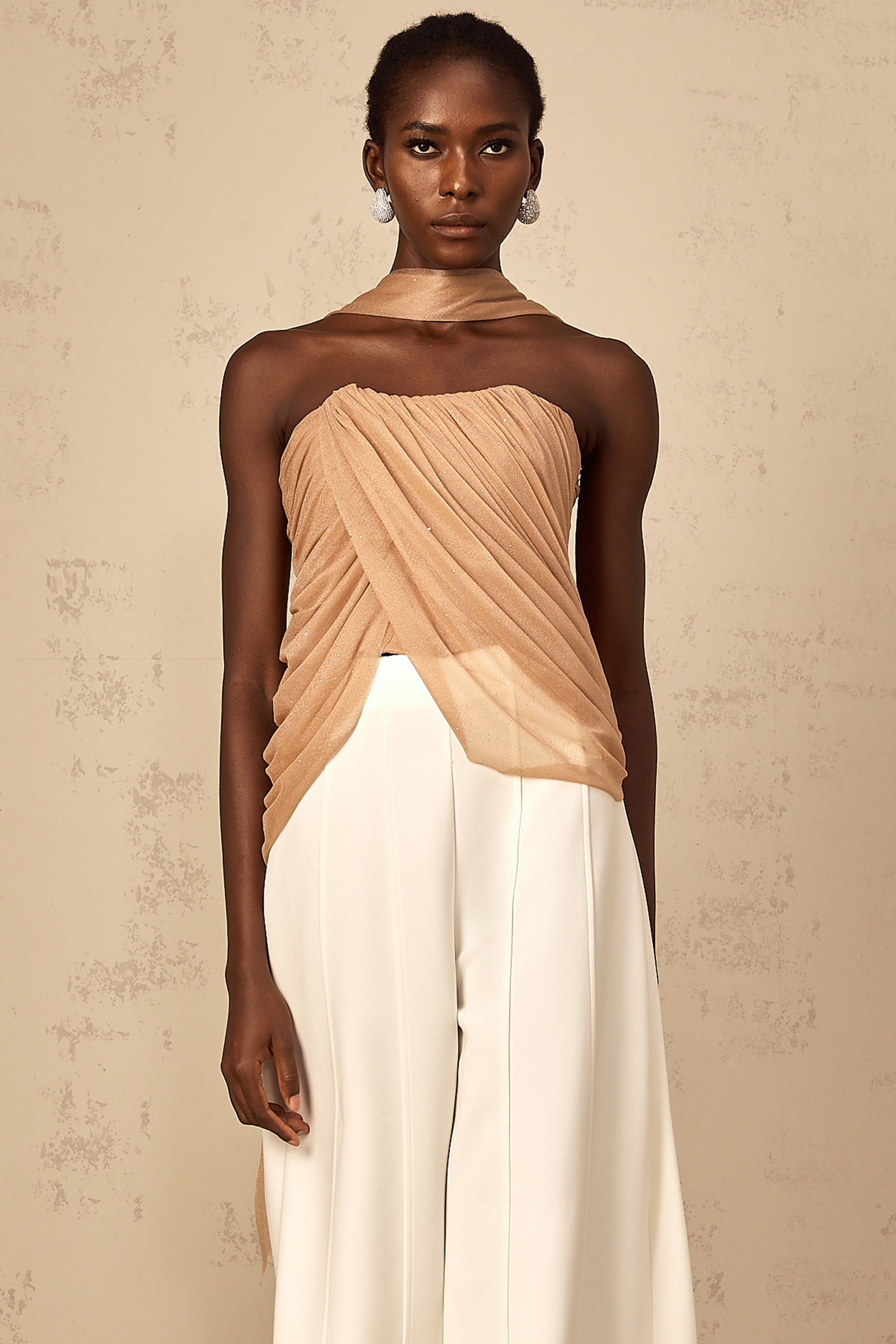 Bérénice brown sequined ruched tulle top