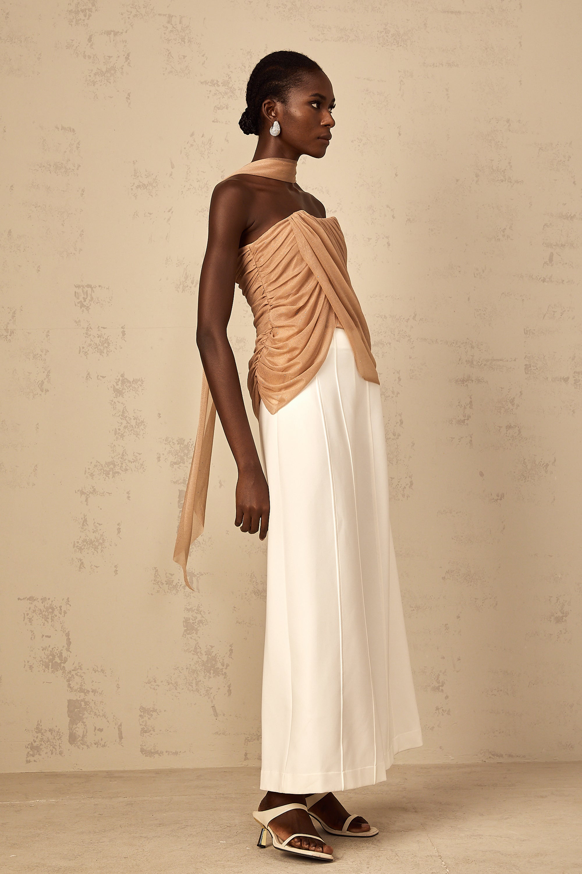 Bérénice brown sequined ruched tulle top