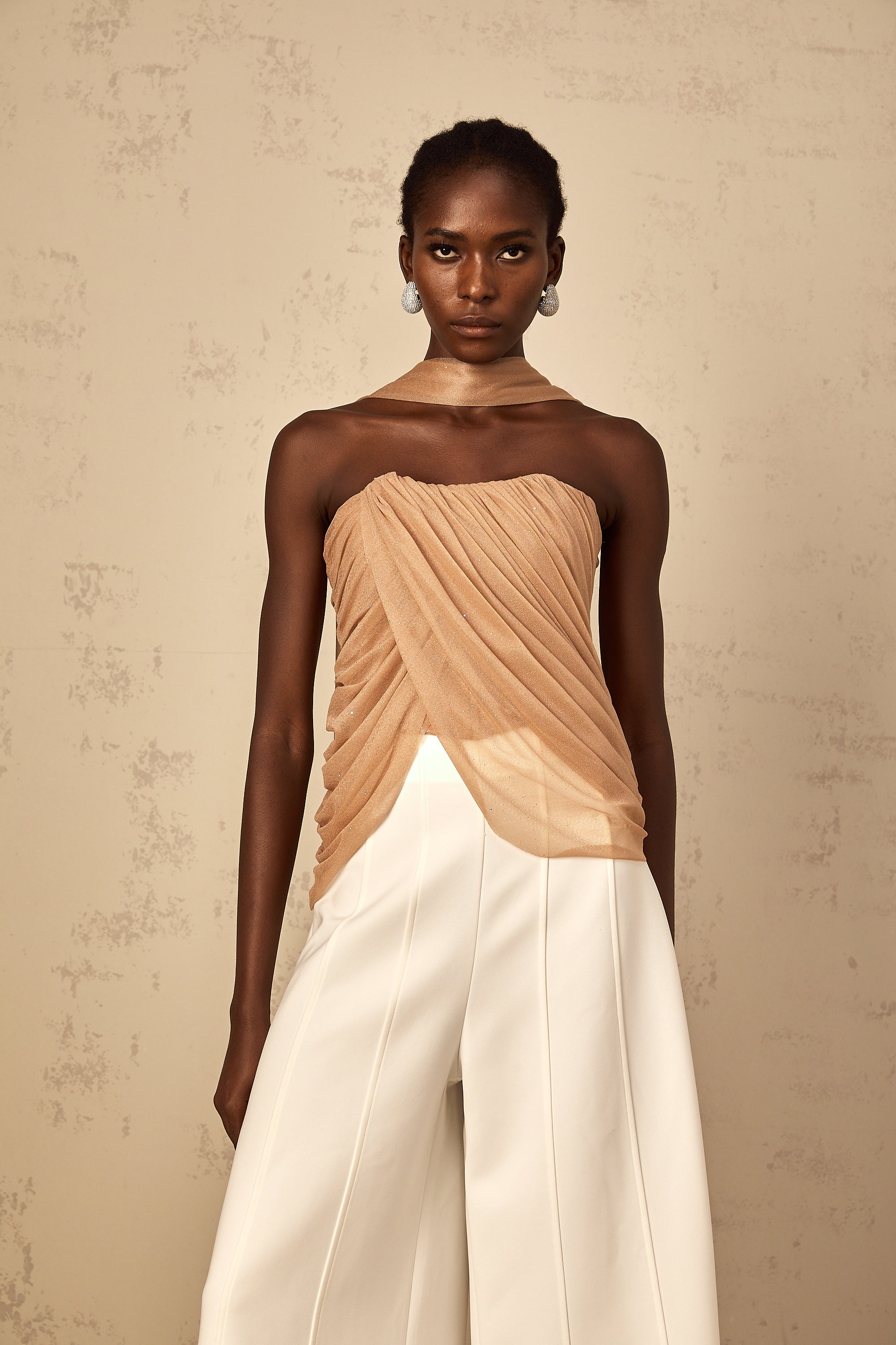 Bérénice brown sequined ruched tulle top