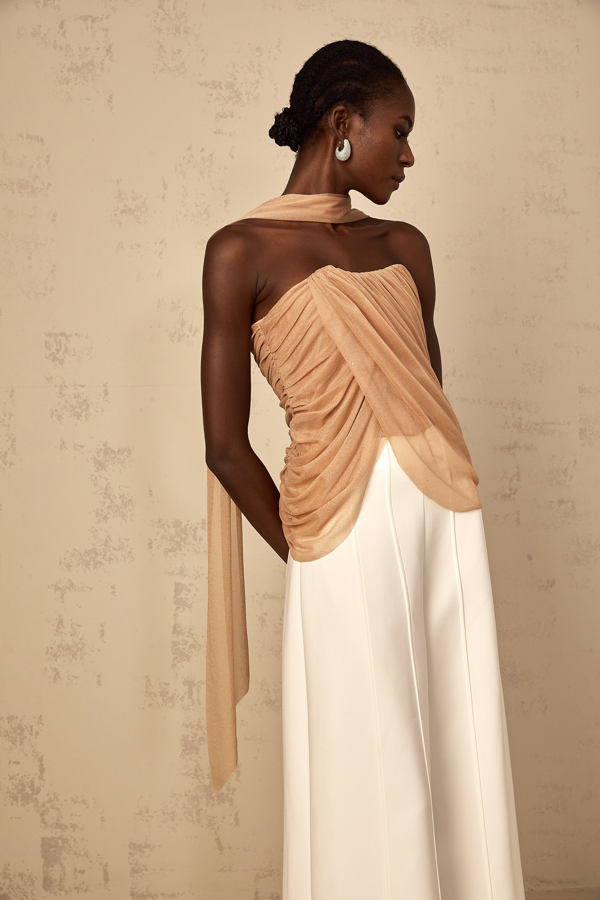 Bérénice brown sequined ruched tulle top