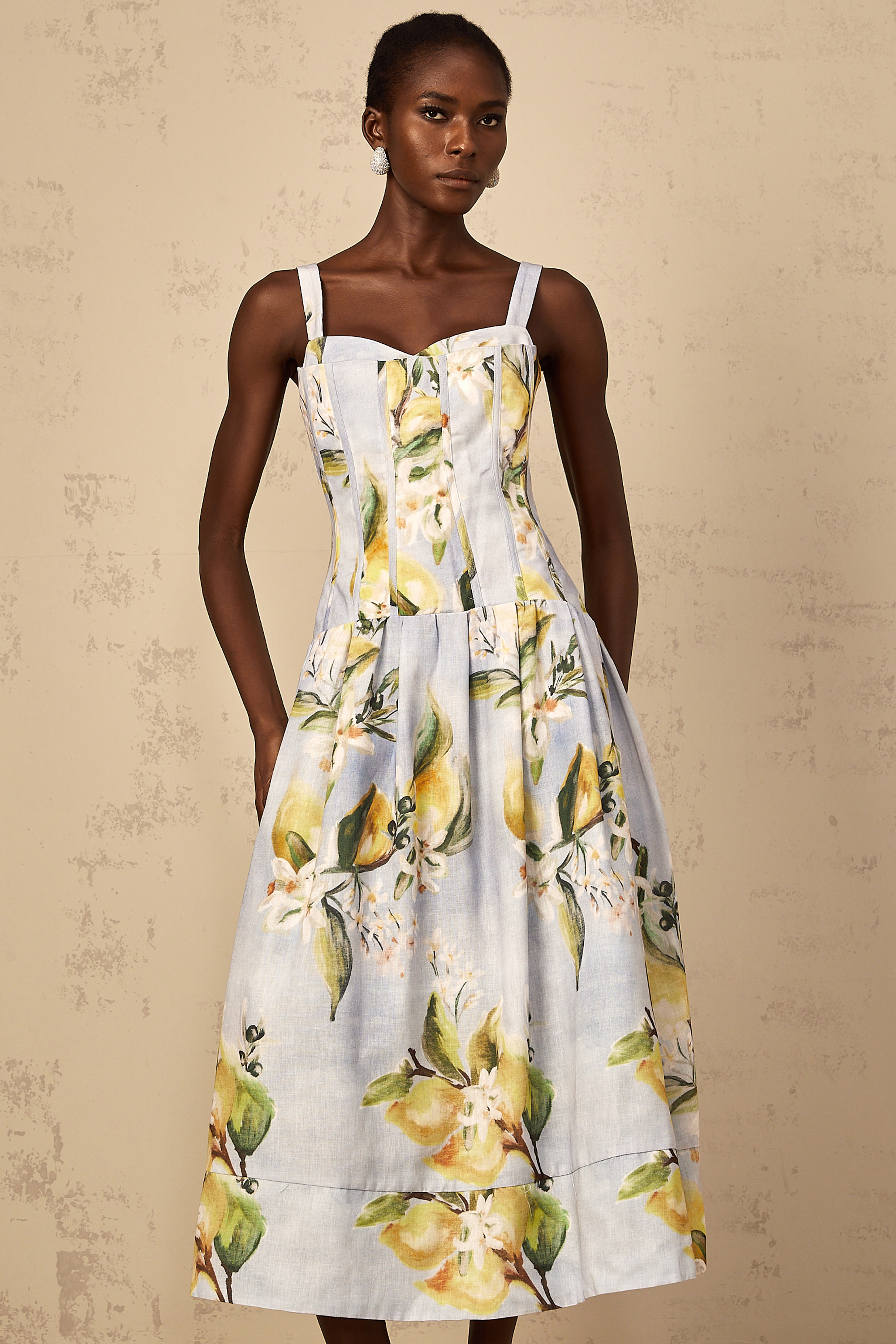 Esmée Blue Cottagecore Shirred Floral Midi Dress