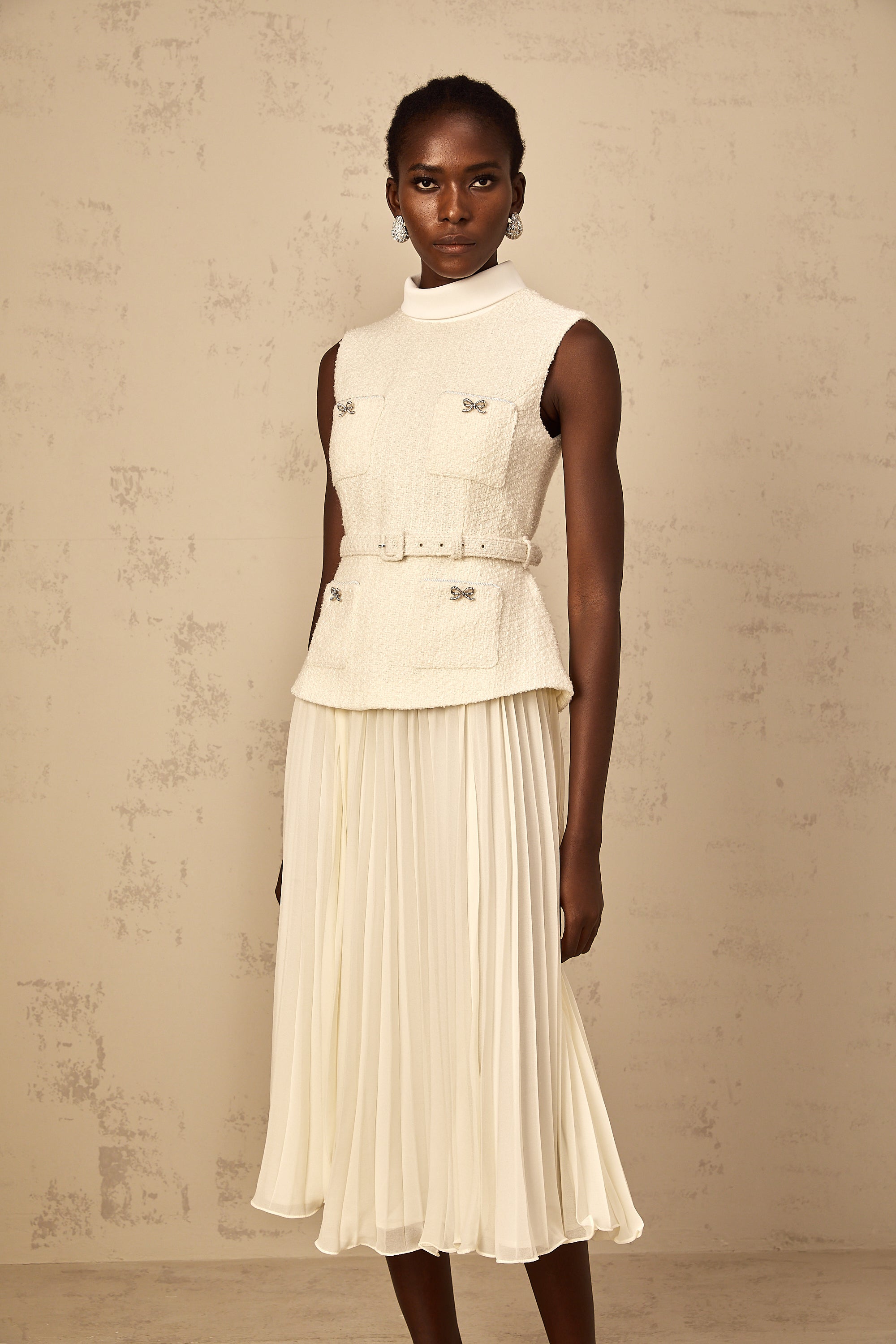Dulcie Off-White Tulle Panel Tweed Midi Dress (Final Sale-US Only)