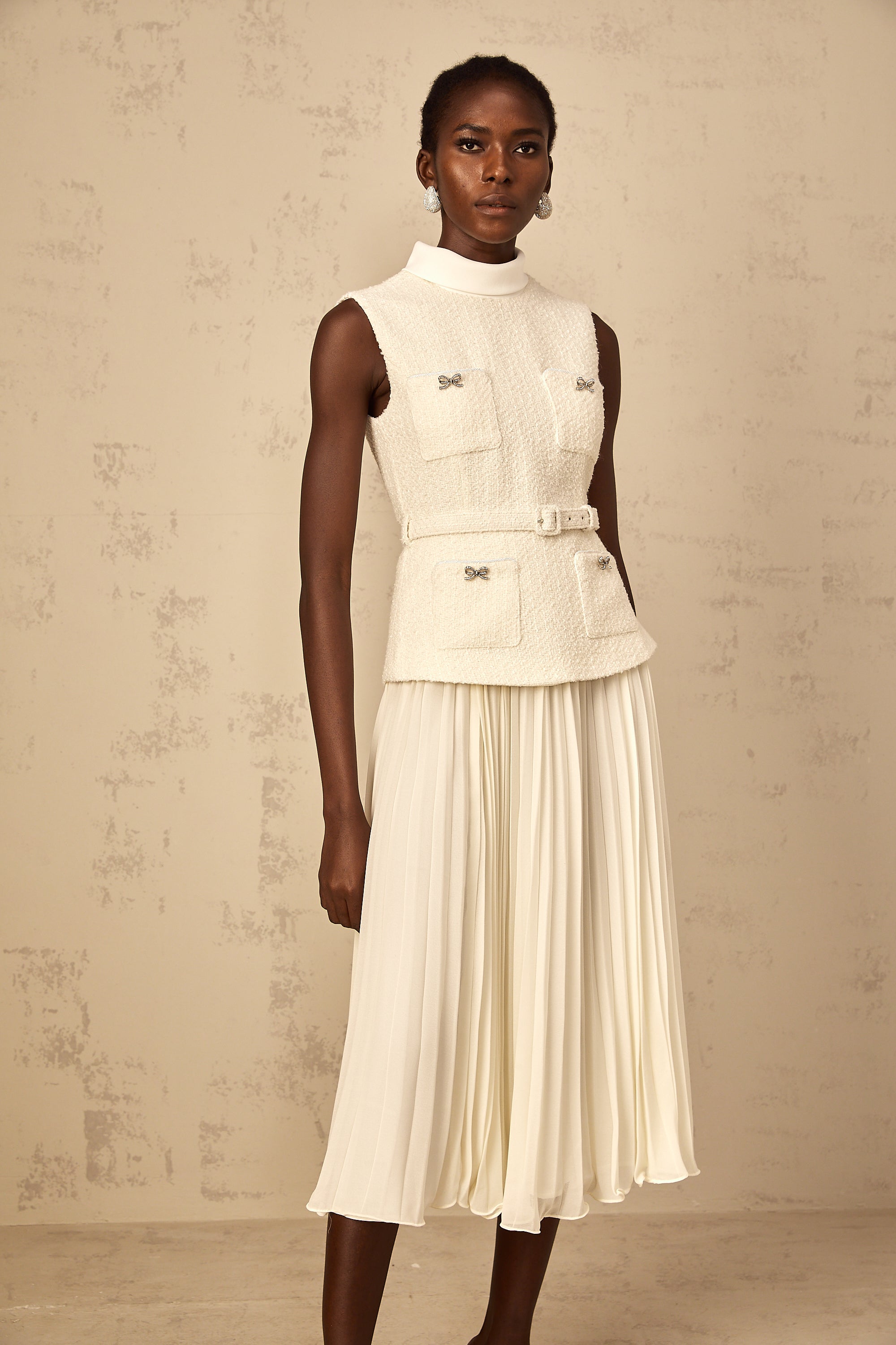 Dulcie Off-White Tulle Panel Tweed Midi Dress (Final Sale-US Only)